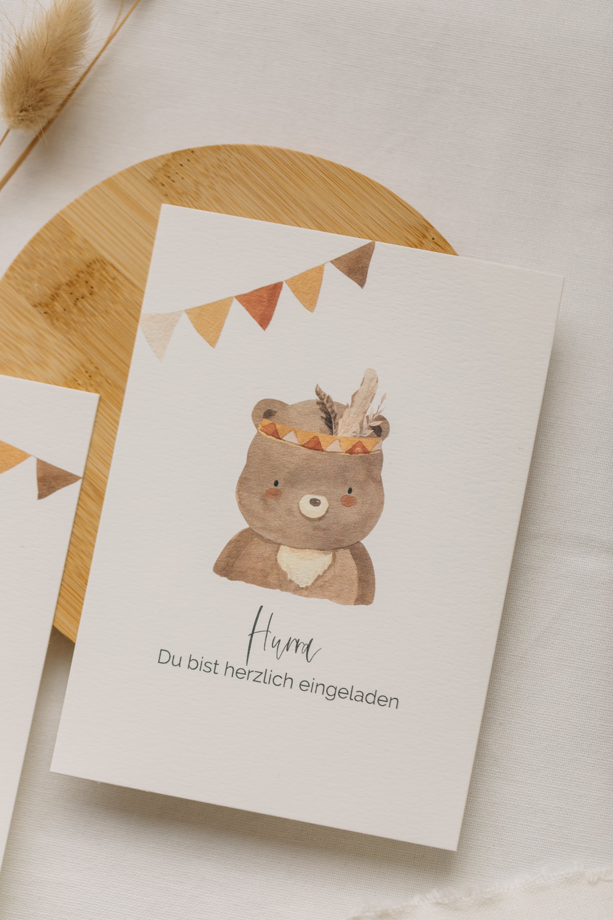 Postcard "Hurray, you are cordially invited" - white rabbit or brown bear