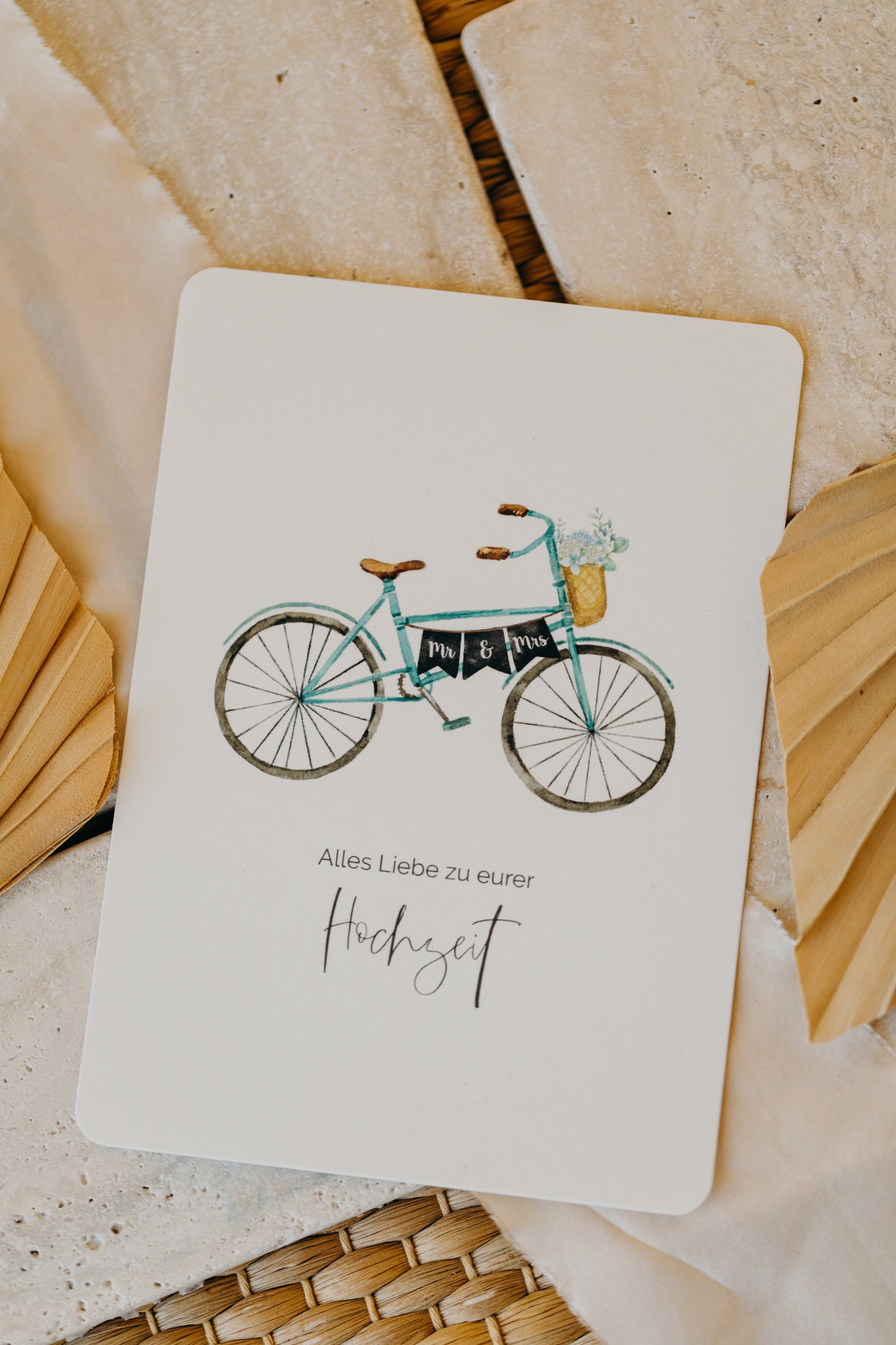 Postkarte türkisenes Fahrrad "Alles Liebe zu eurer Hochzeit"