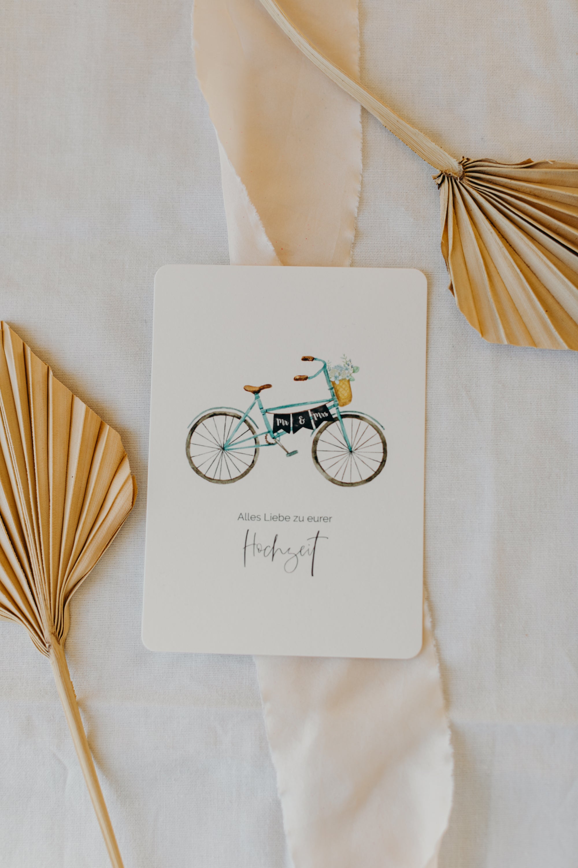 Postkarte türkisenes Fahrrad "Alles Liebe zu eurer Hochzeit"