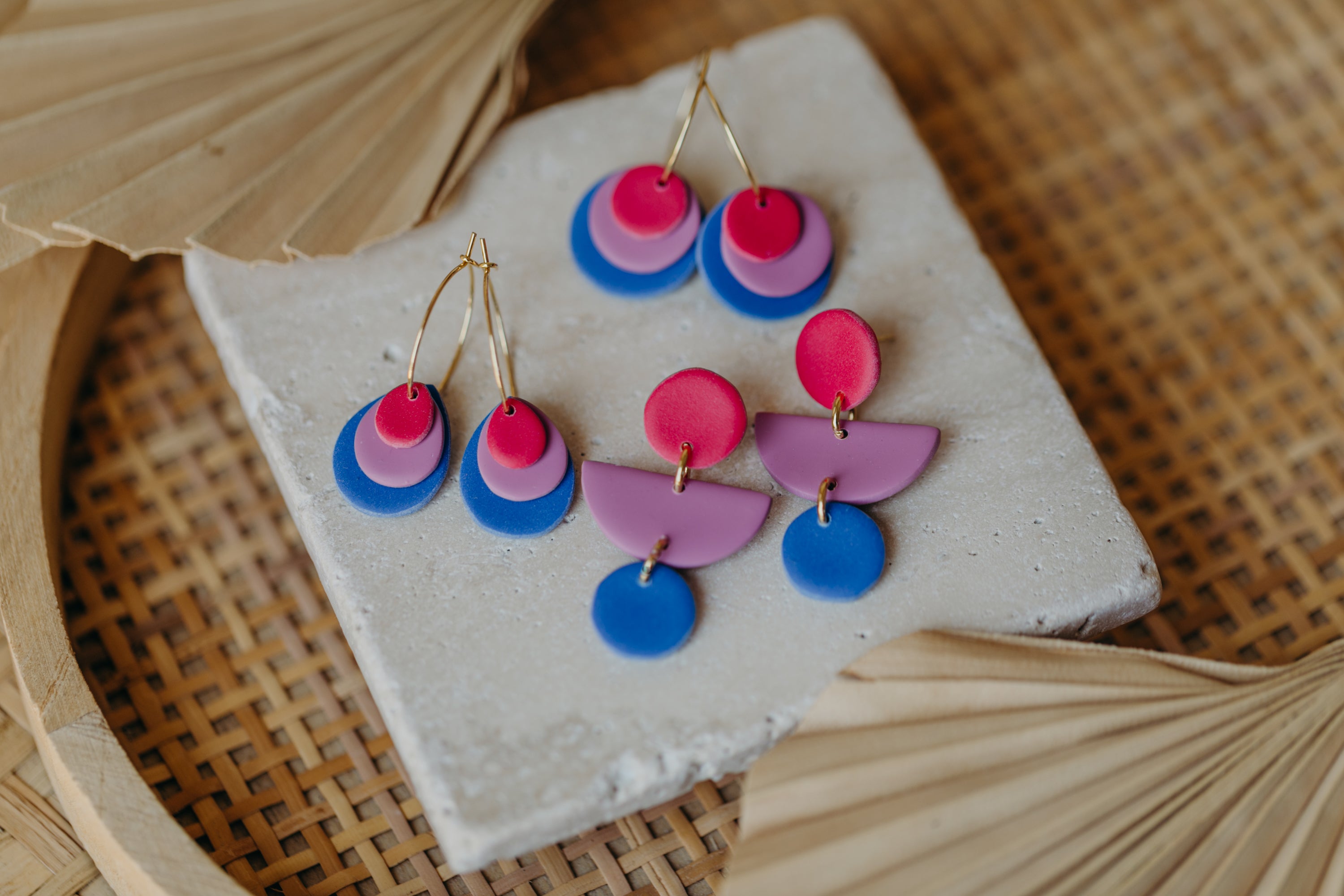 Creole with polymer clay earrings in drop shape in ceramic look