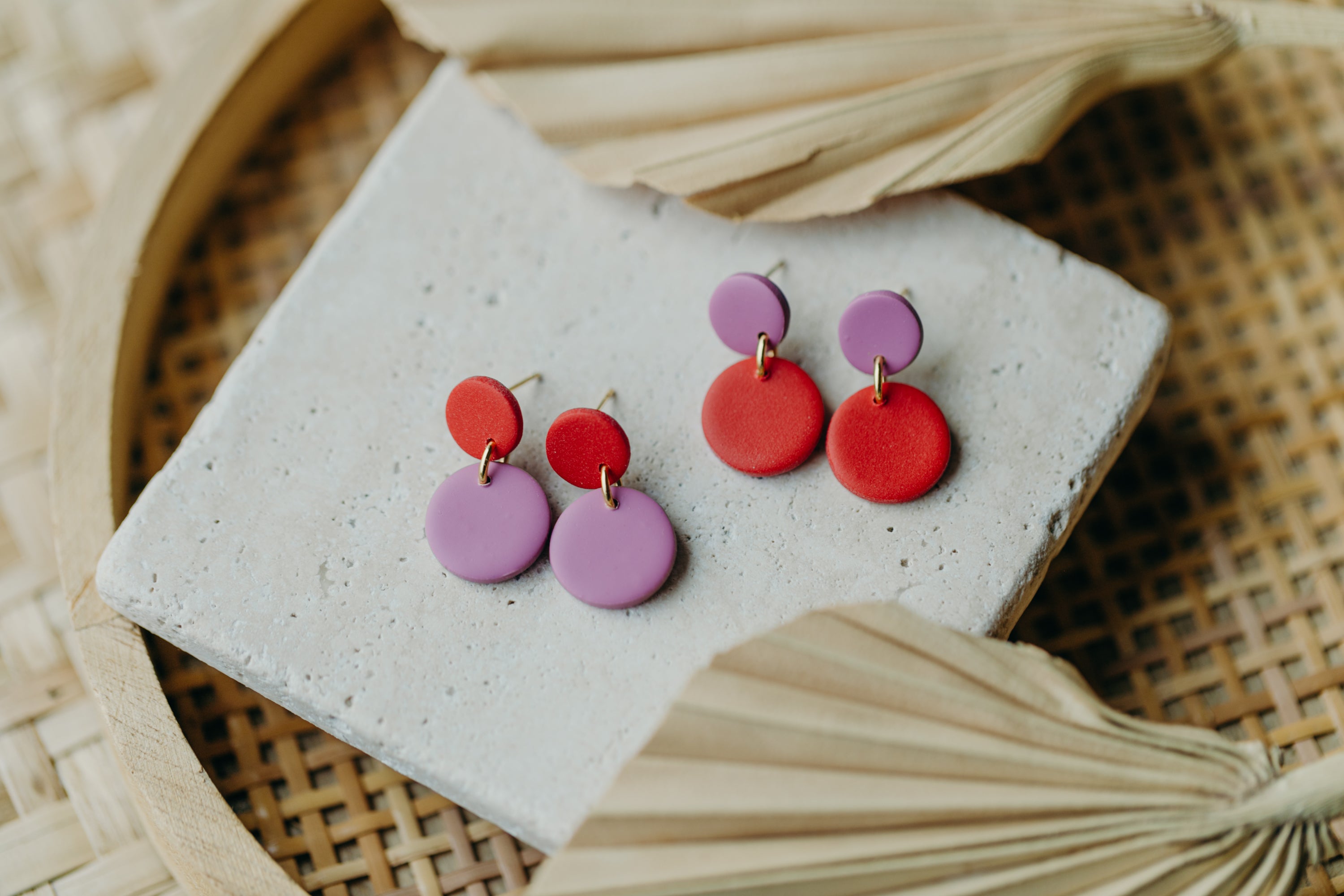small round two-tone polymer clay earrings