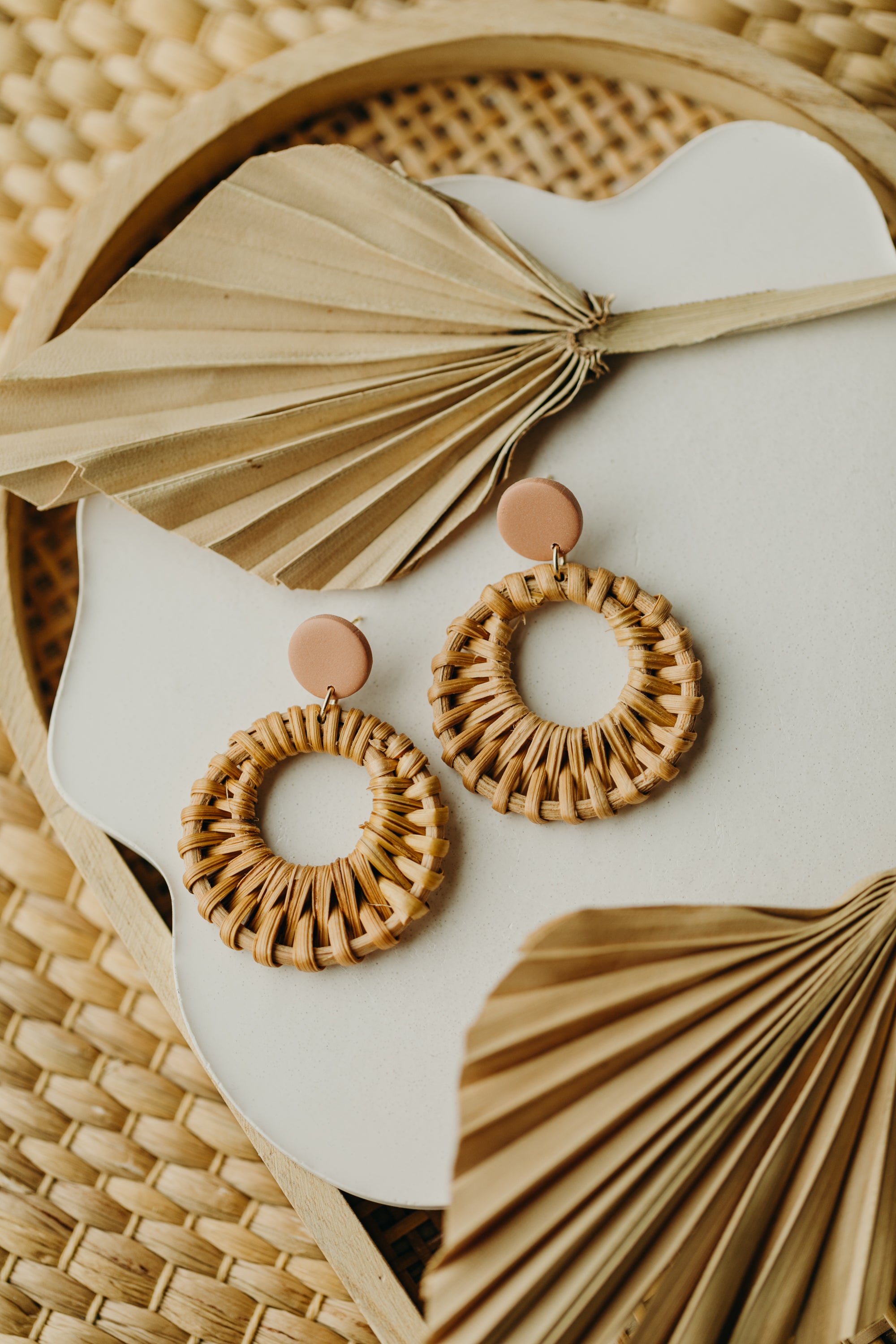 old pink polymer clay earrings with rattan pendant circle