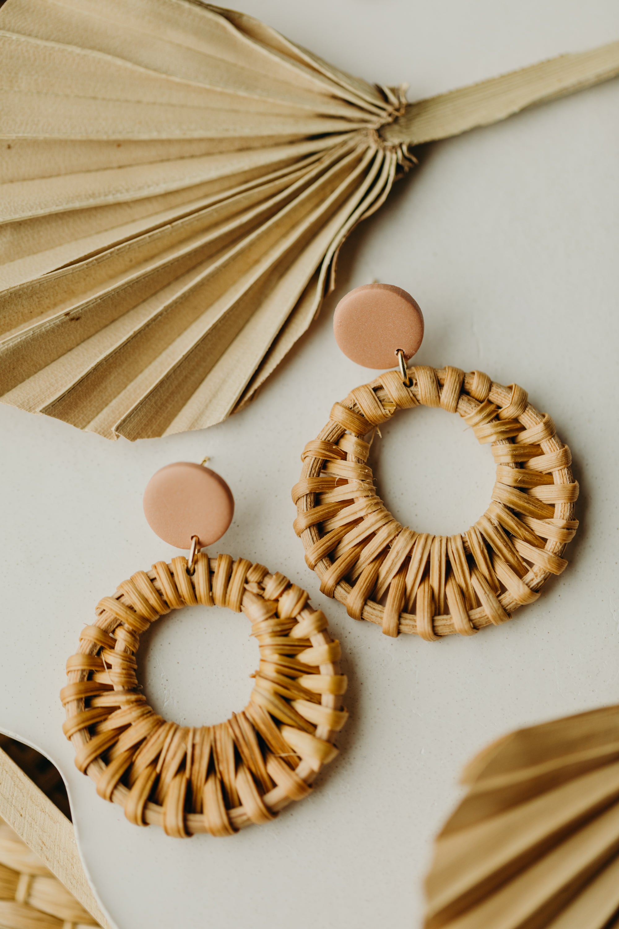 old pink polymer clay earrings with rattan pendant circle