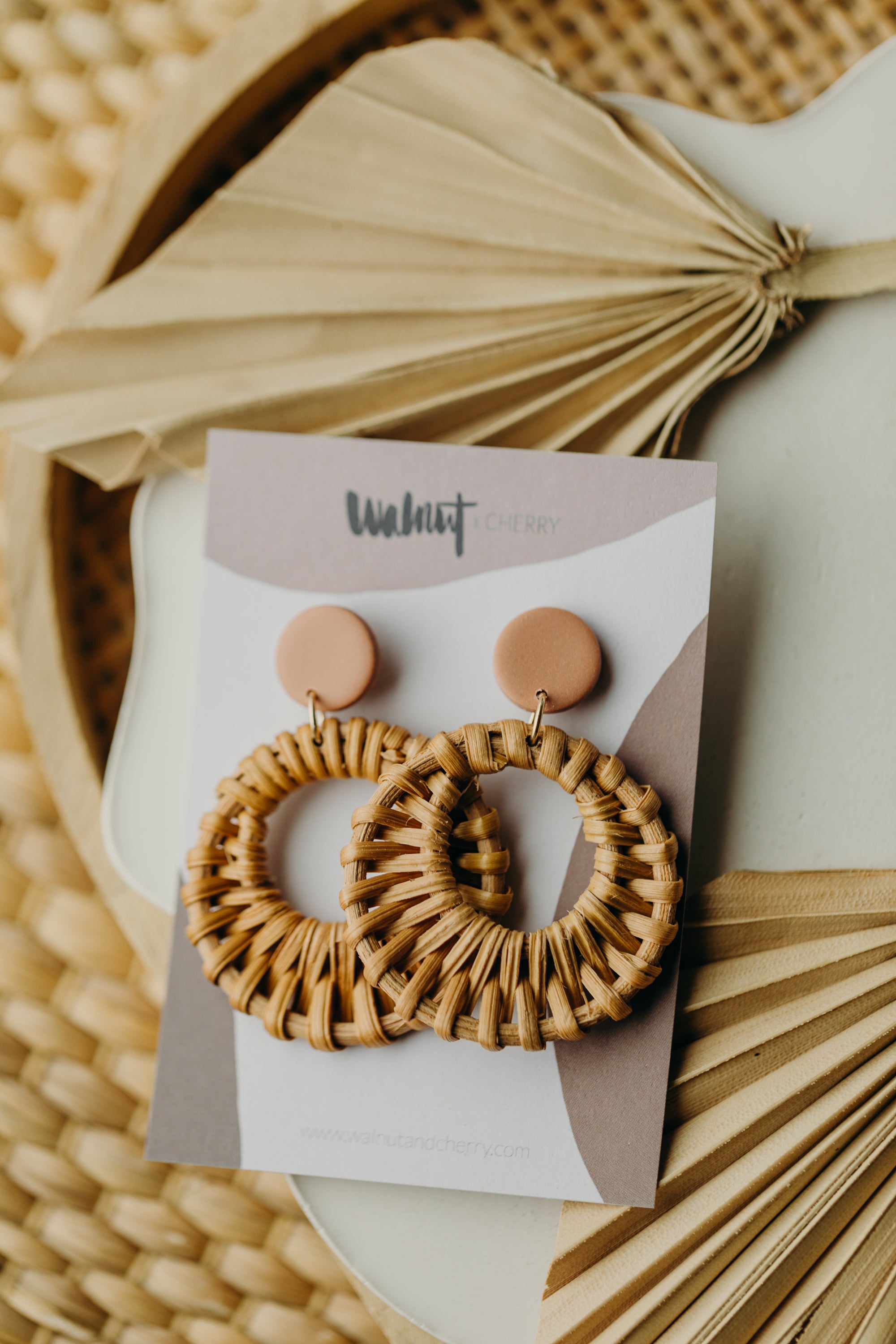 old pink polymer clay earrings with rattan pendant circle