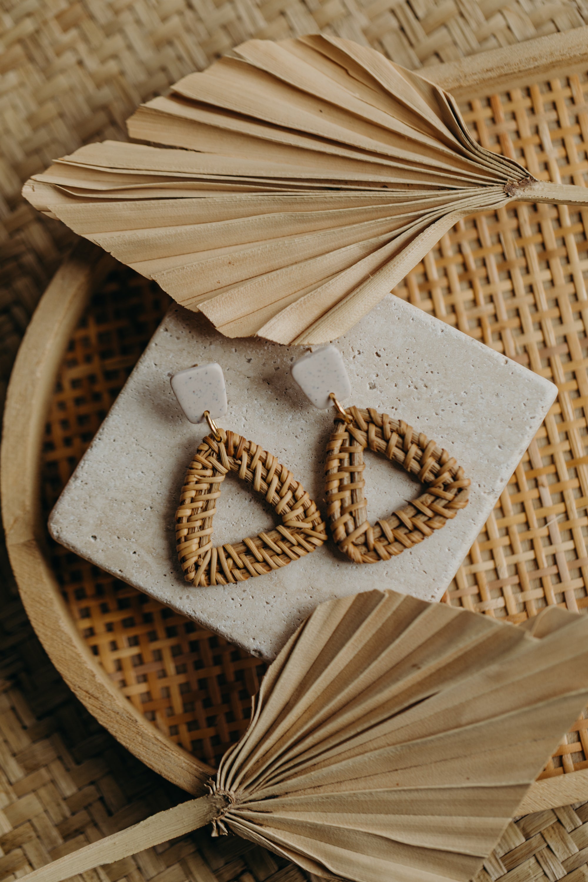brown polymer clay earrings with rattan pendant hexagon