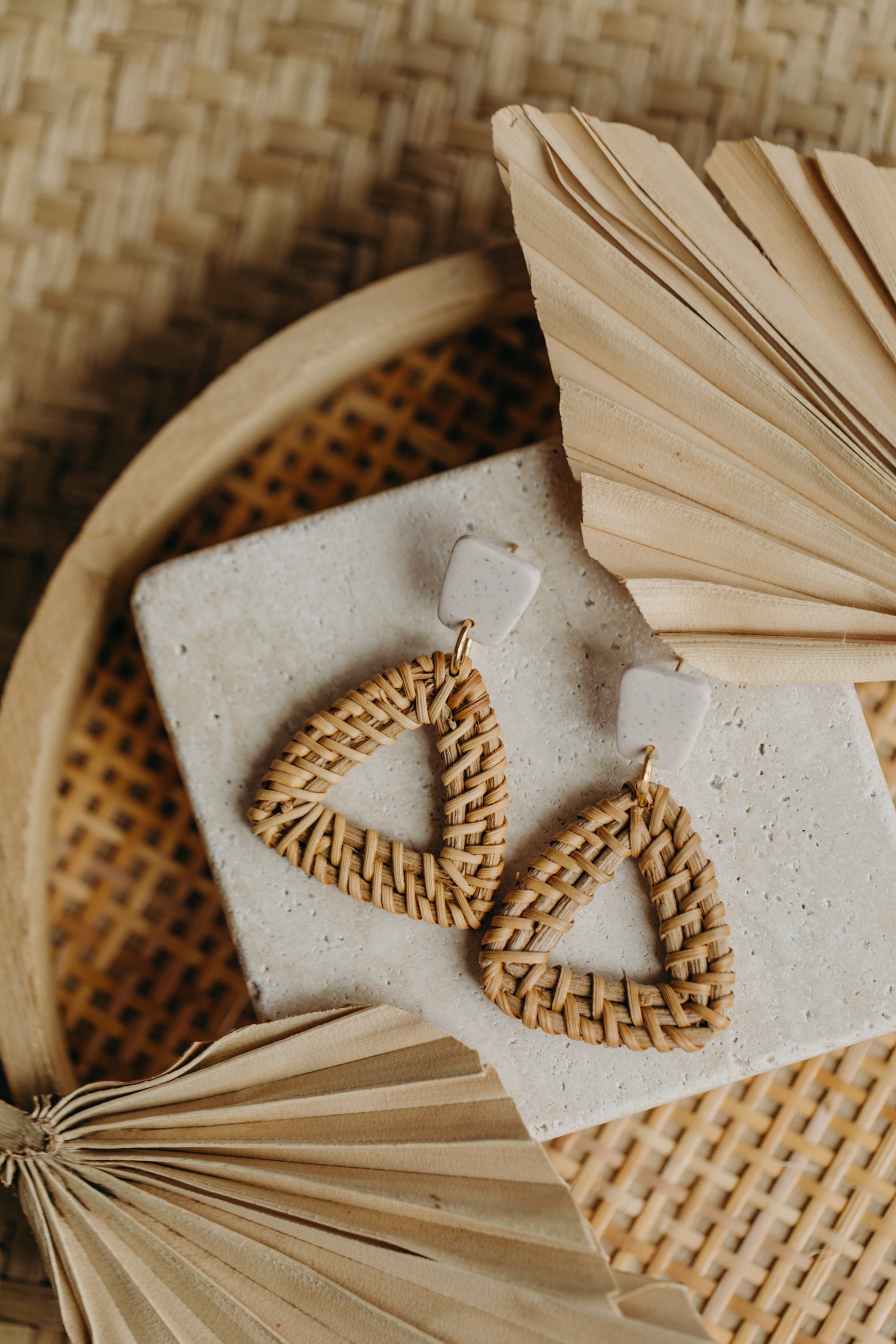 brown polymer clay earrings with rattan pendant hexagon