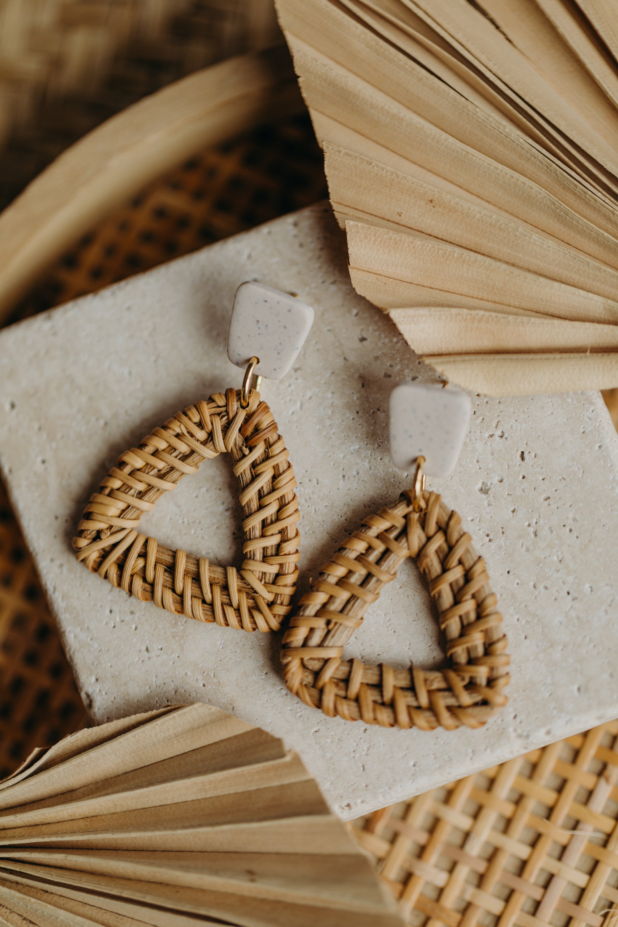 brown polymer clay earrings with rattan pendant hexagon