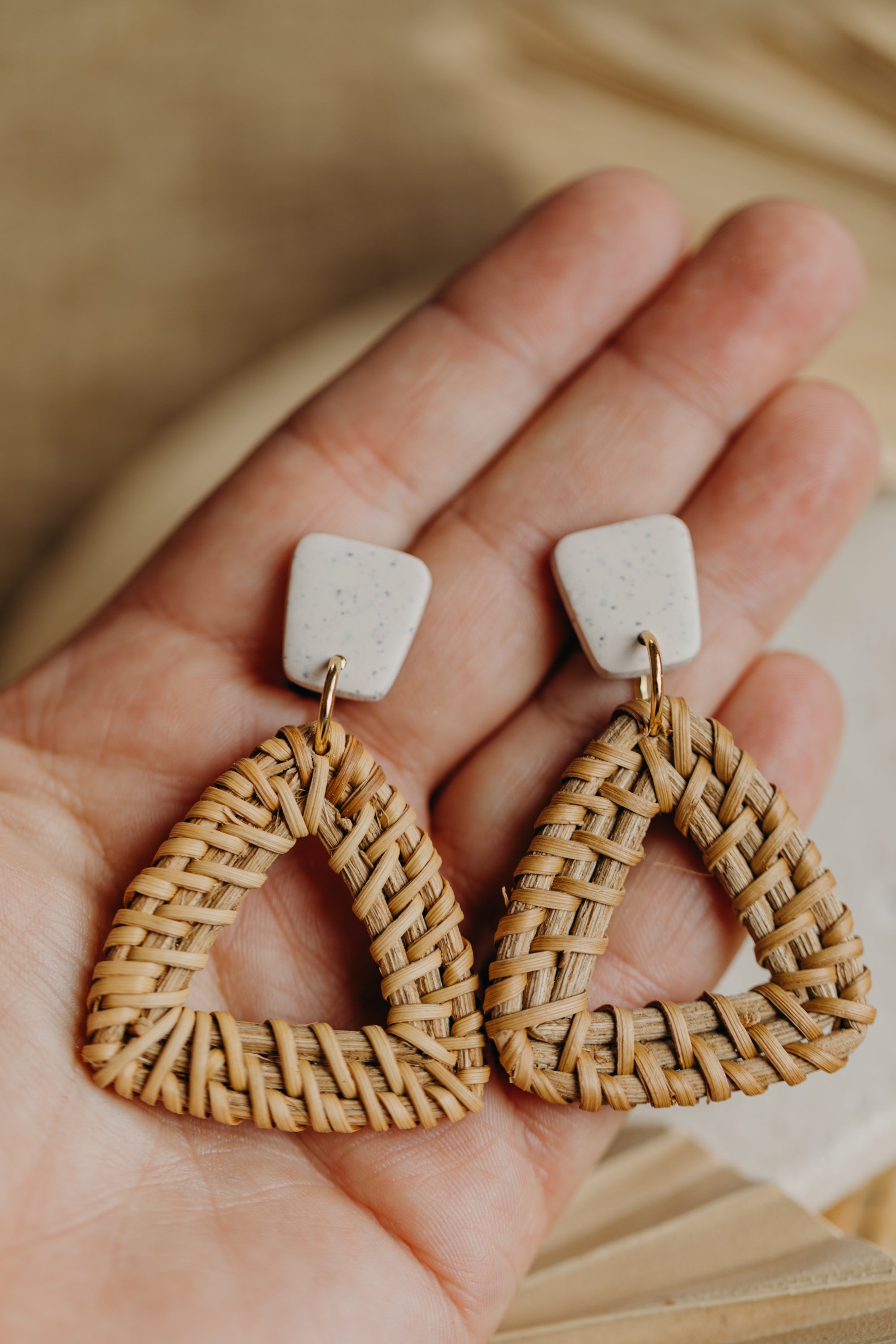 brown polymer clay earrings with rattan pendant hexagon