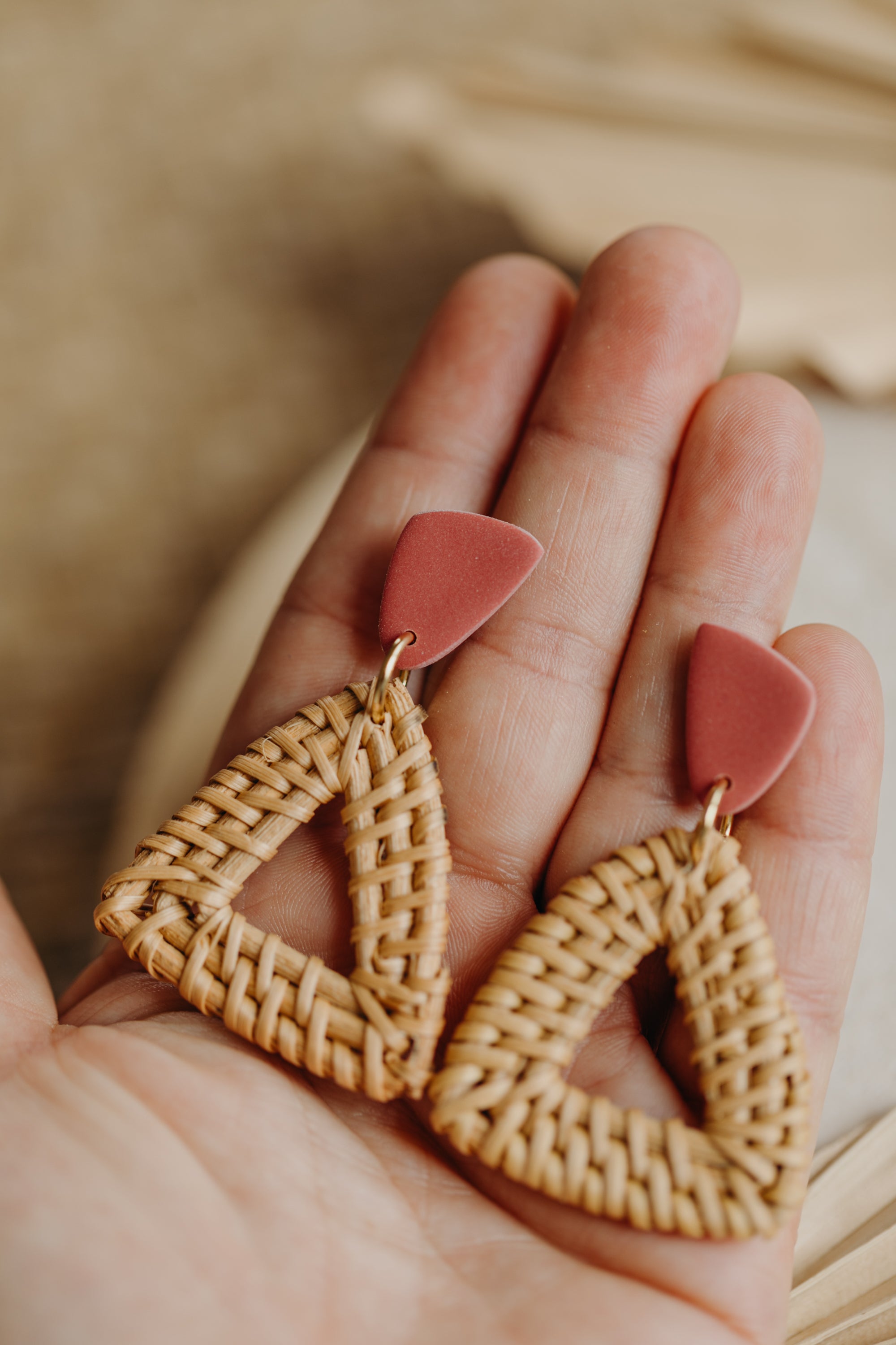 brown polymer clay earrings with rattan pendant hexagon