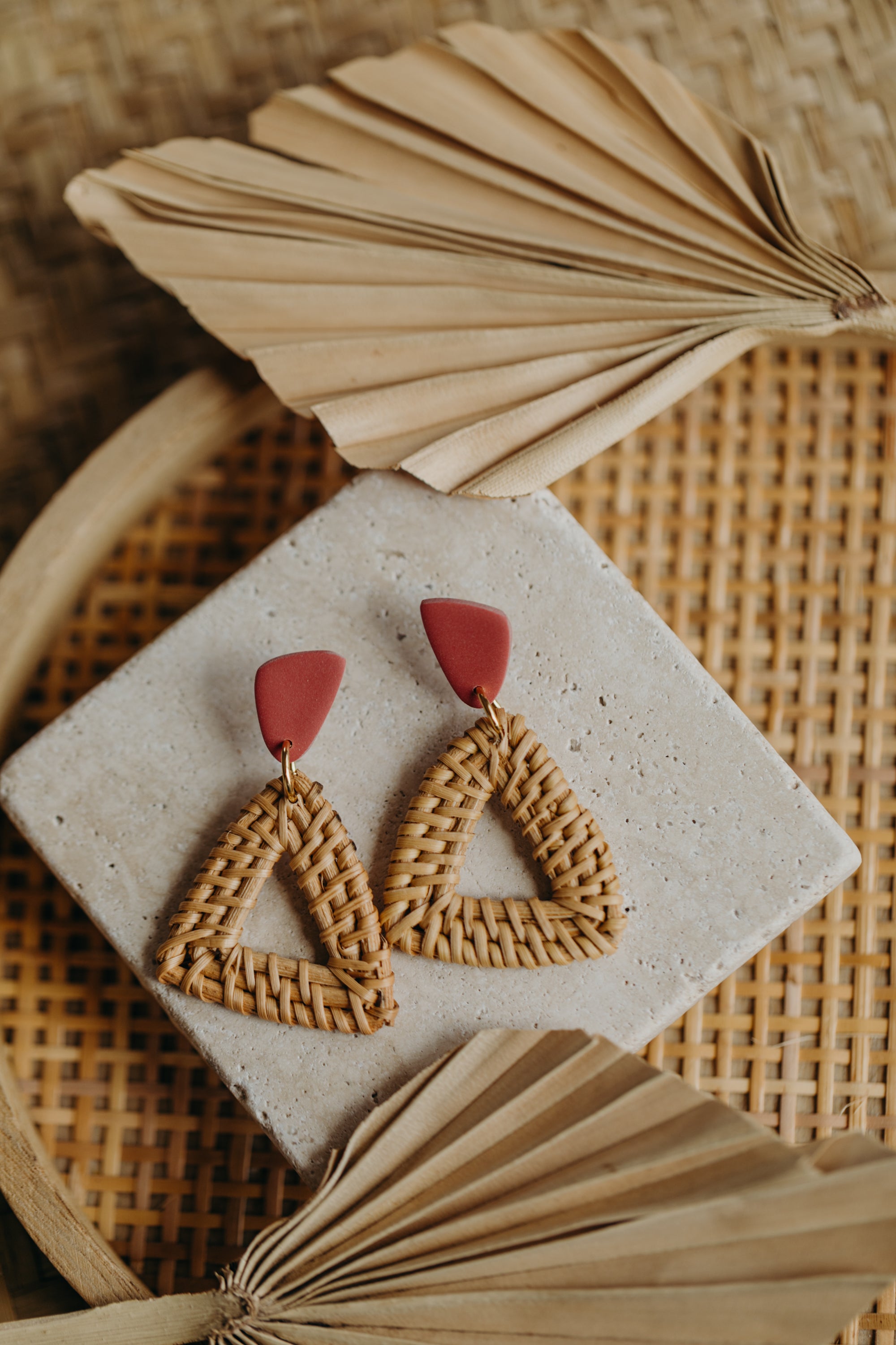 brown polymer clay earrings with rattan pendant hexagon