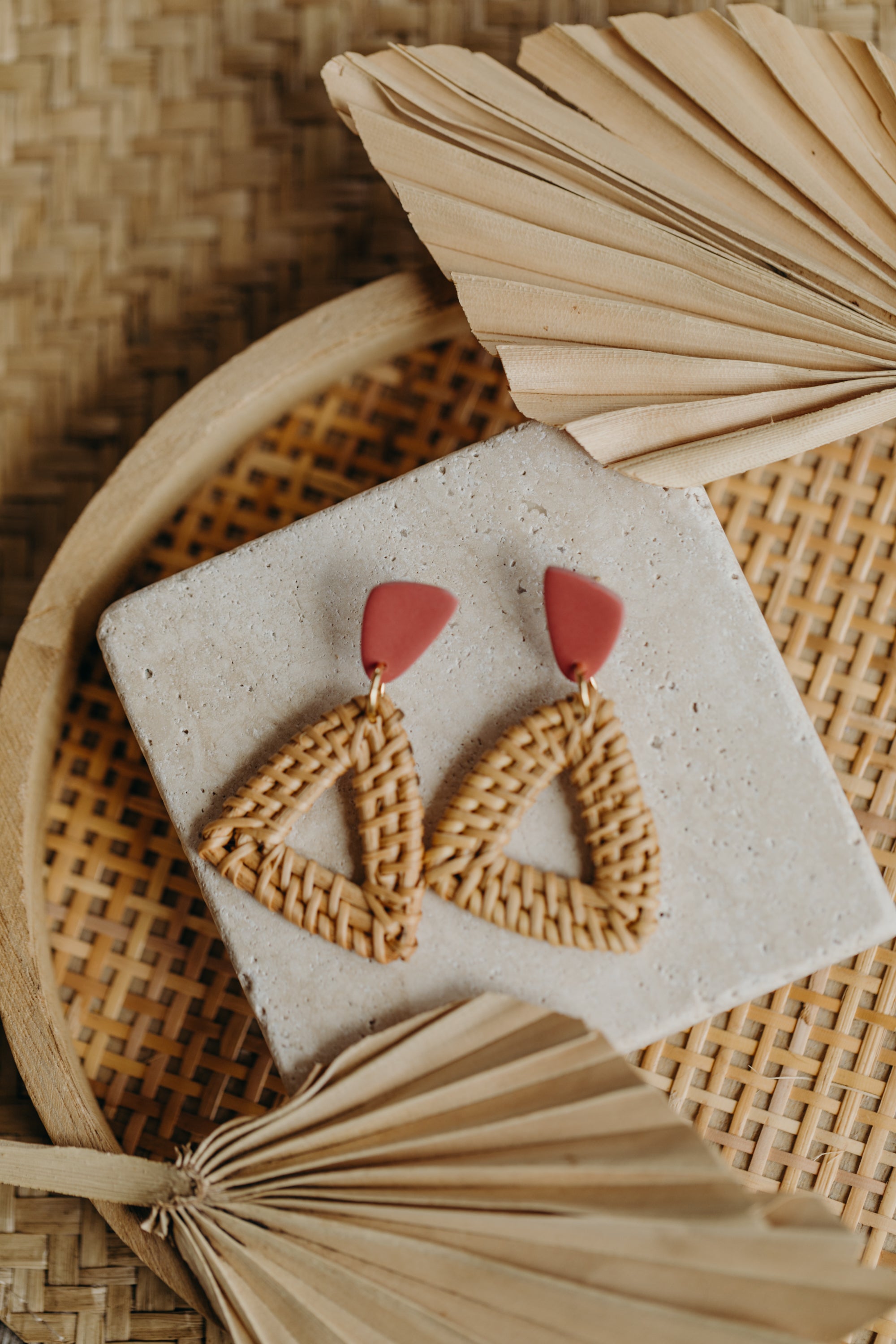 brown polymer clay earrings with rattan pendant hexagon
