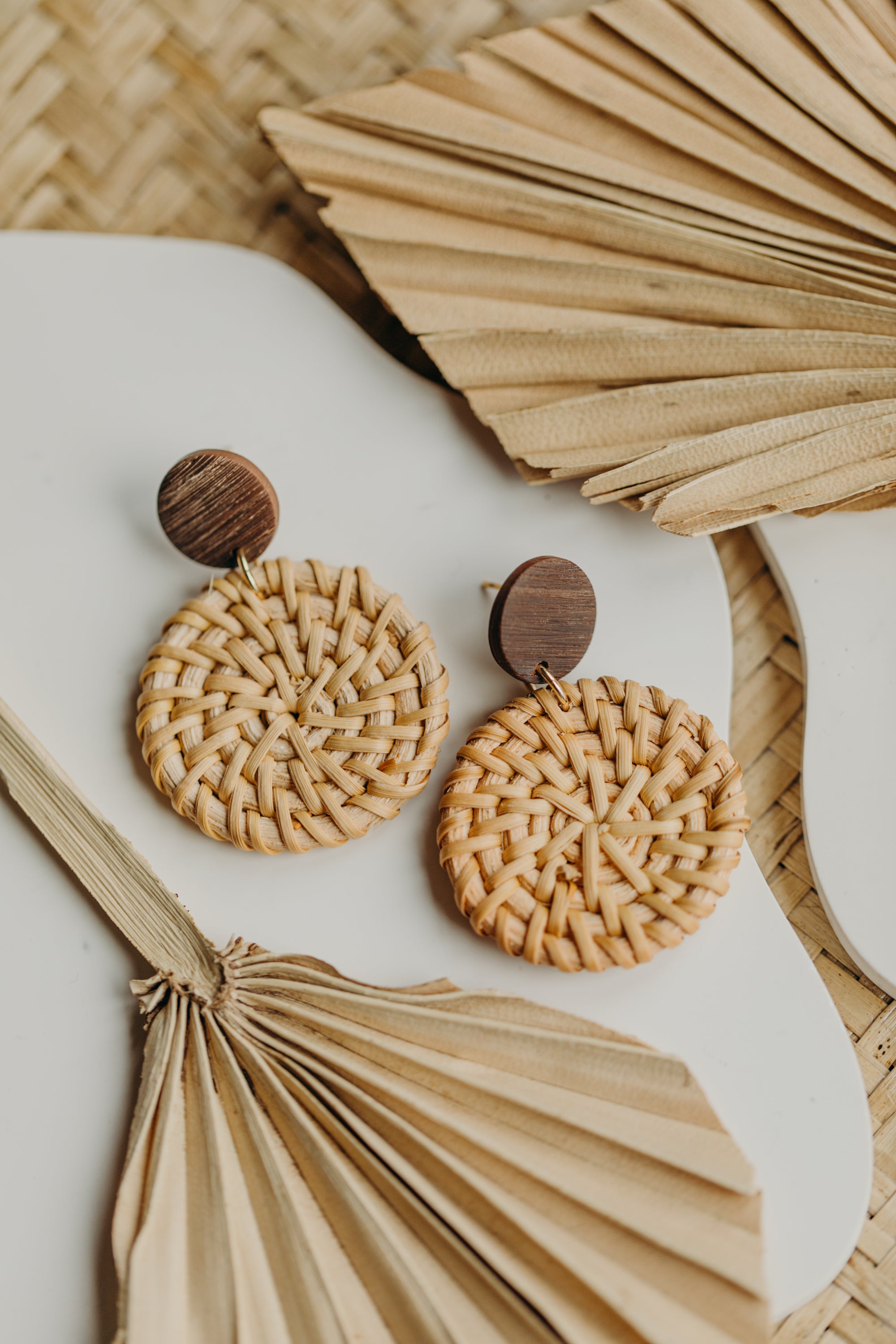 blue polymer clay earrings with round rattan pendant