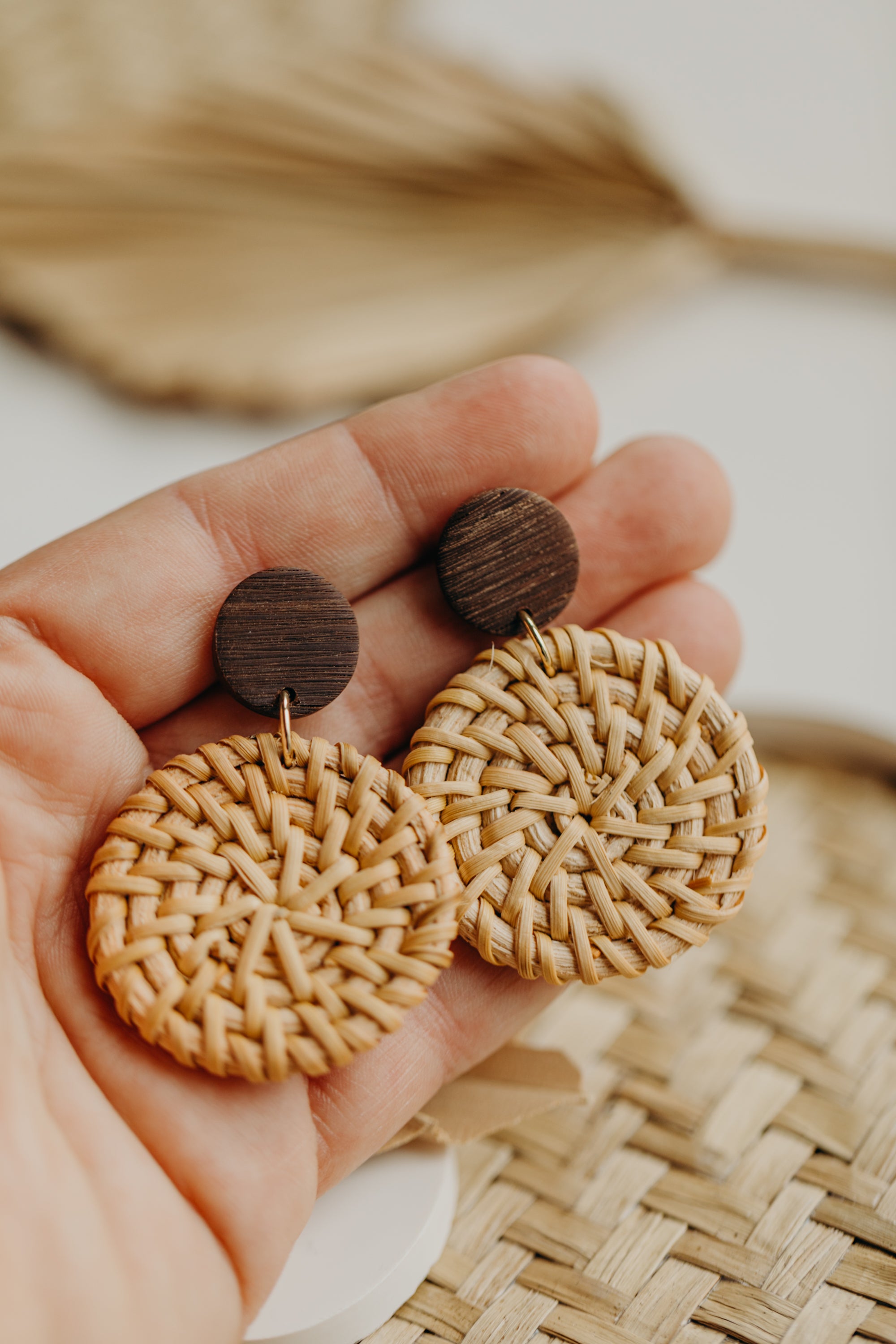 blue polymer clay earrings with round rattan pendant