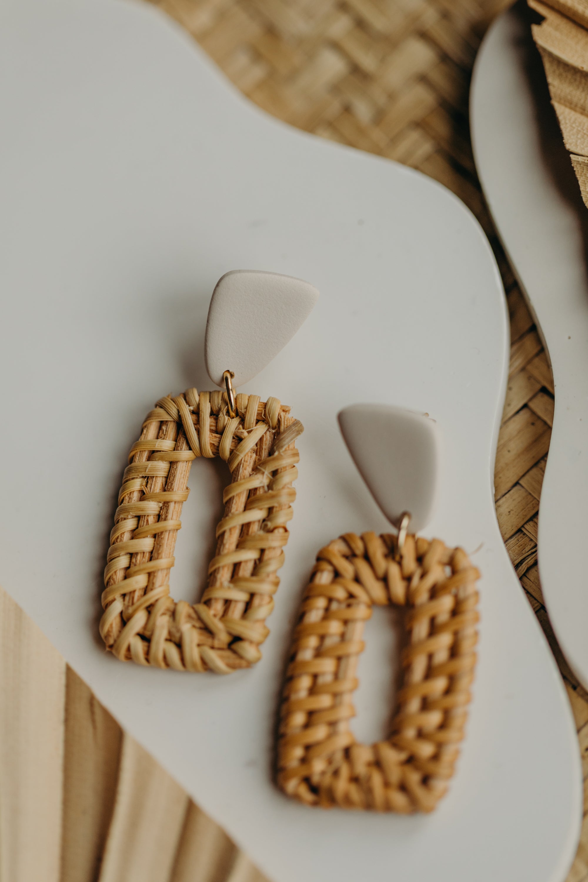 brown polymer clay earrings with rattan pendant rectangle