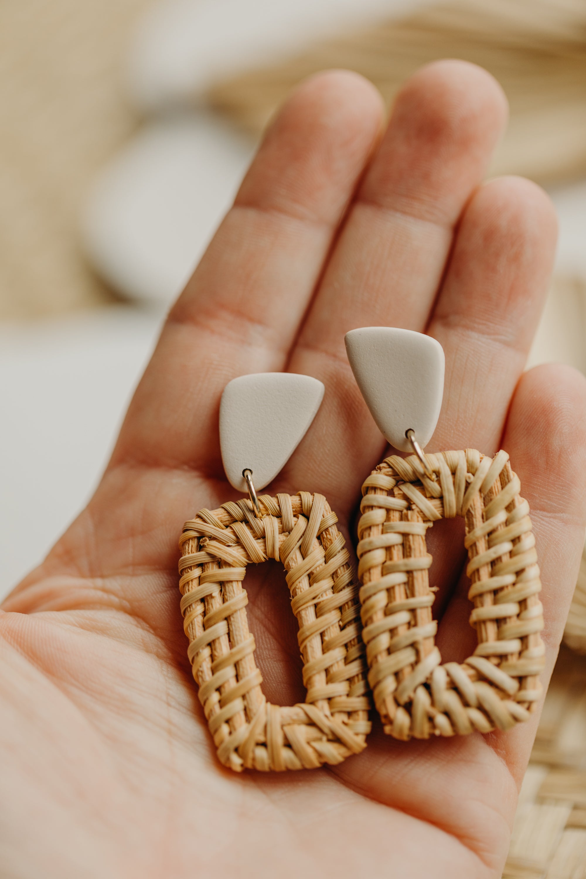 brown polymer clay earrings with rattan pendant rectangle