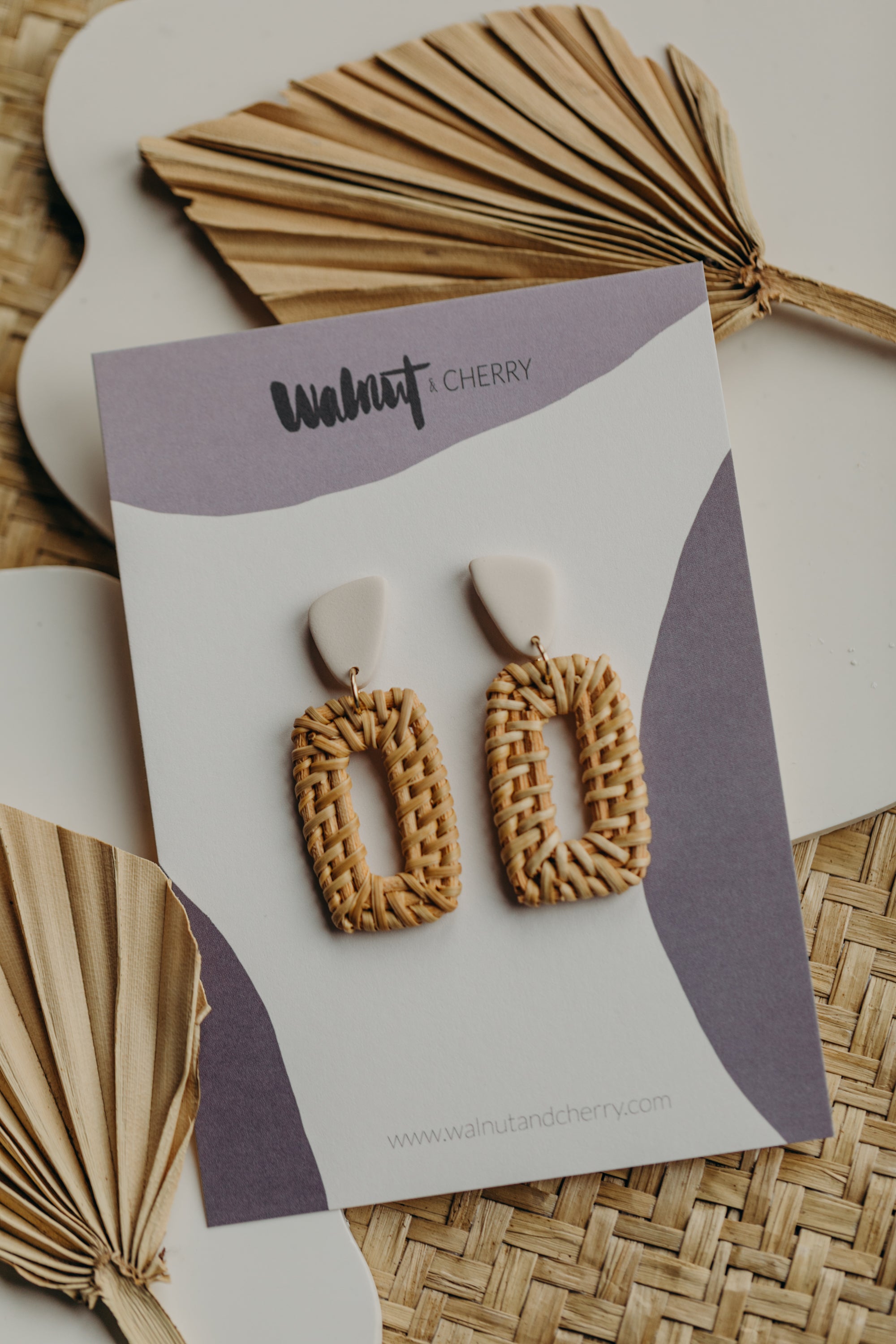 brown polymer clay earrings with rattan pendant rectangle