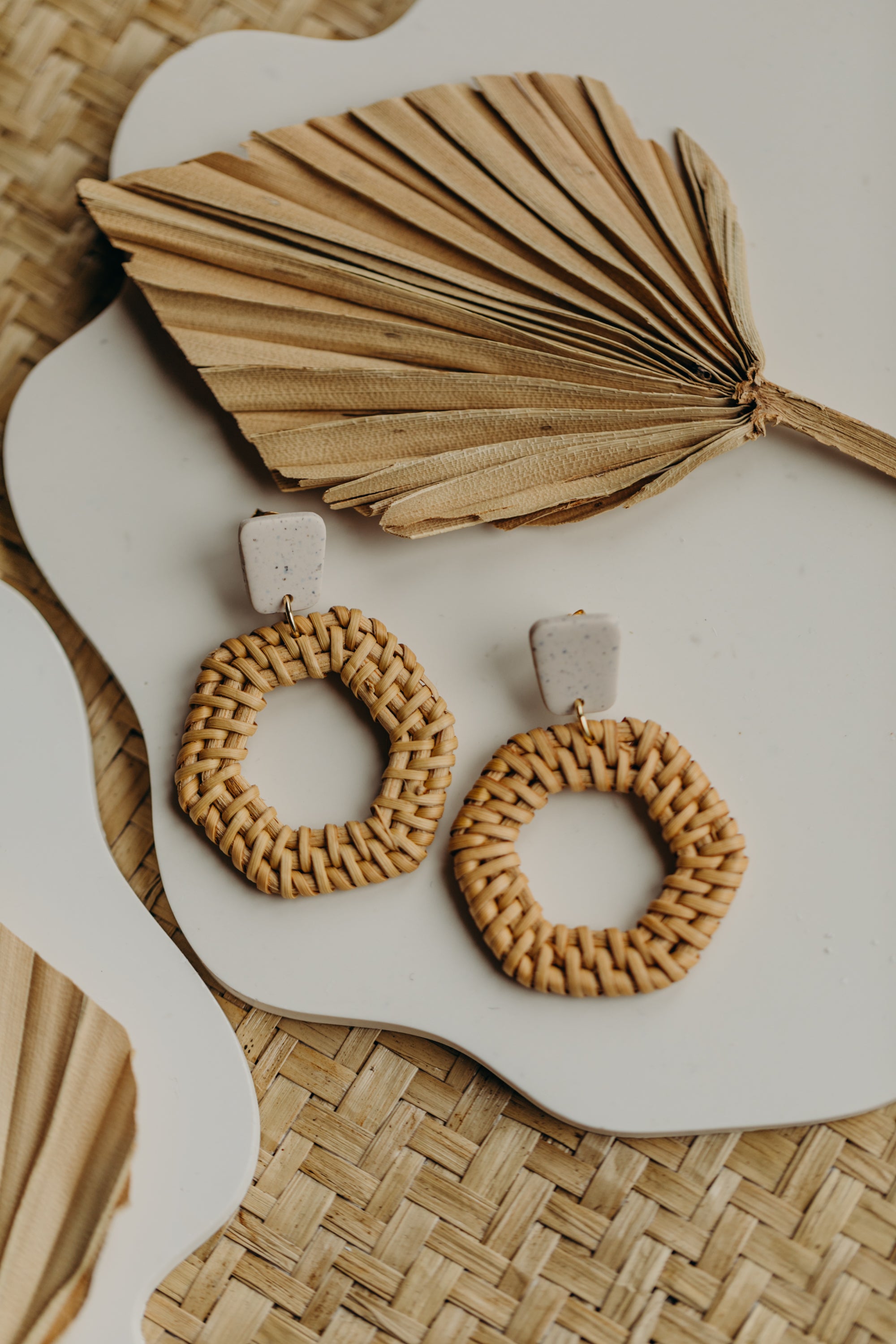 brown polymer clay earrings with rattan pendant hexagon