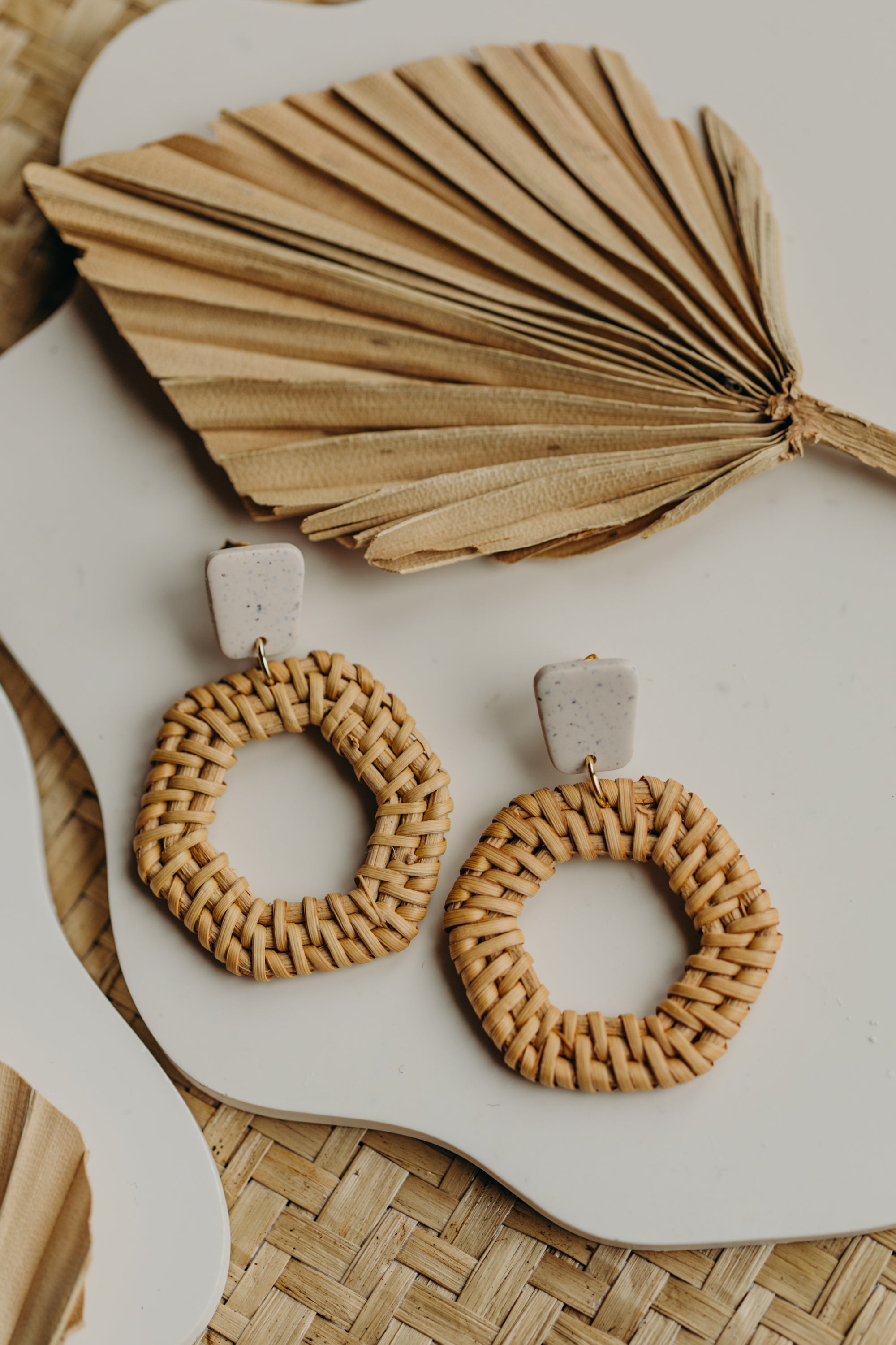 brown polymer clay earrings with rattan pendant hexagon