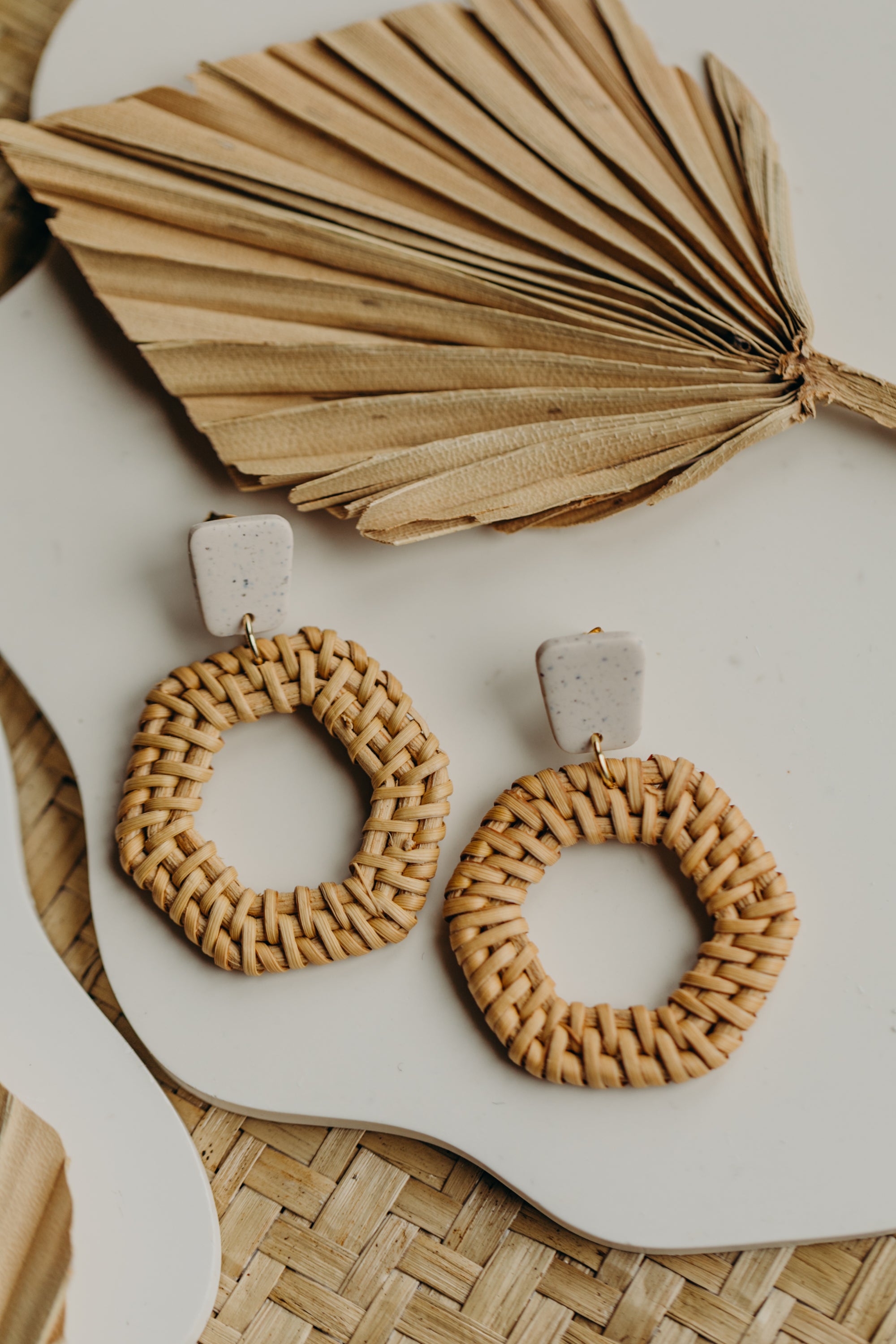 brown polymer clay earrings with rattan pendant hexagon