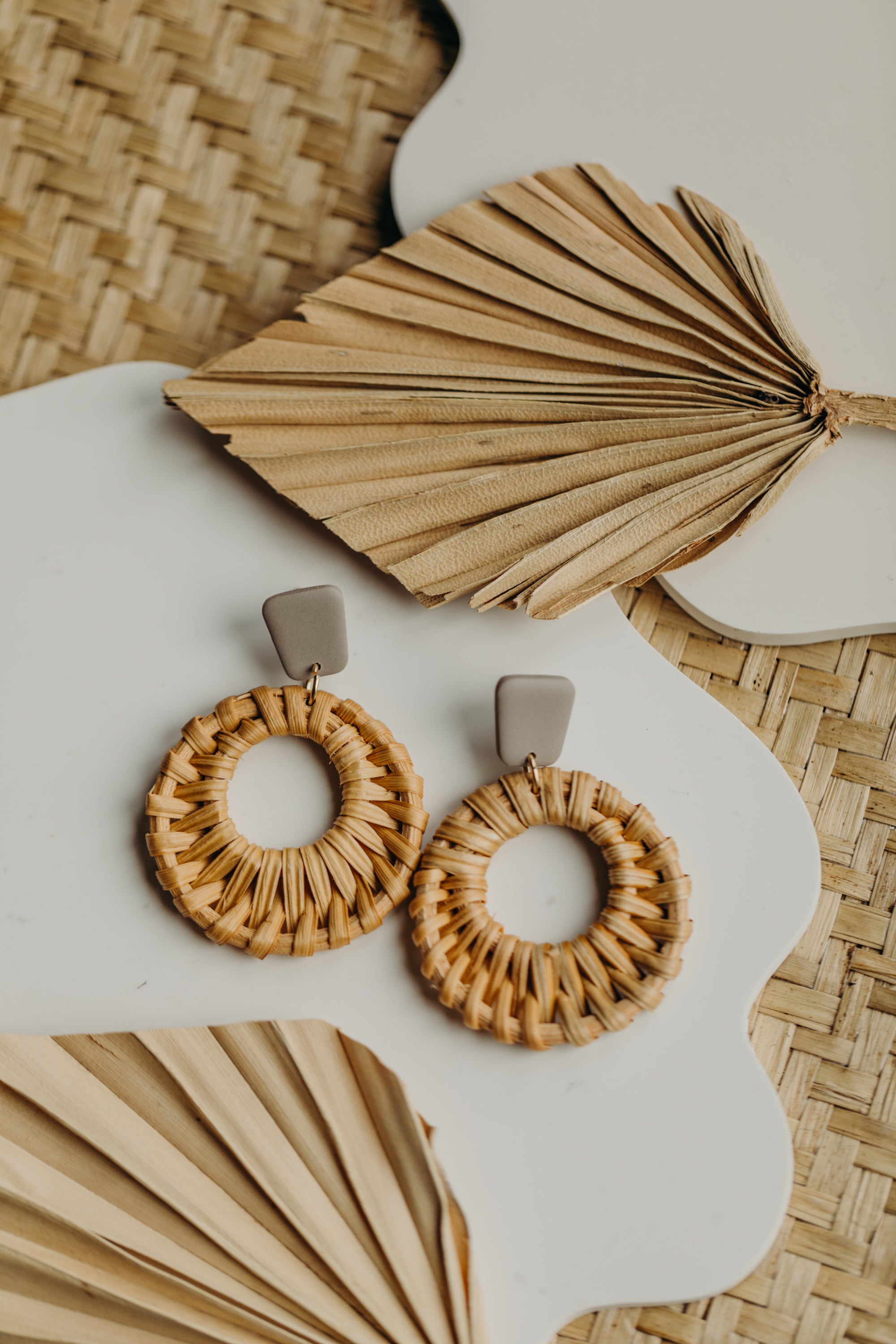 old pink polymer clay earrings with rattan pendant circle