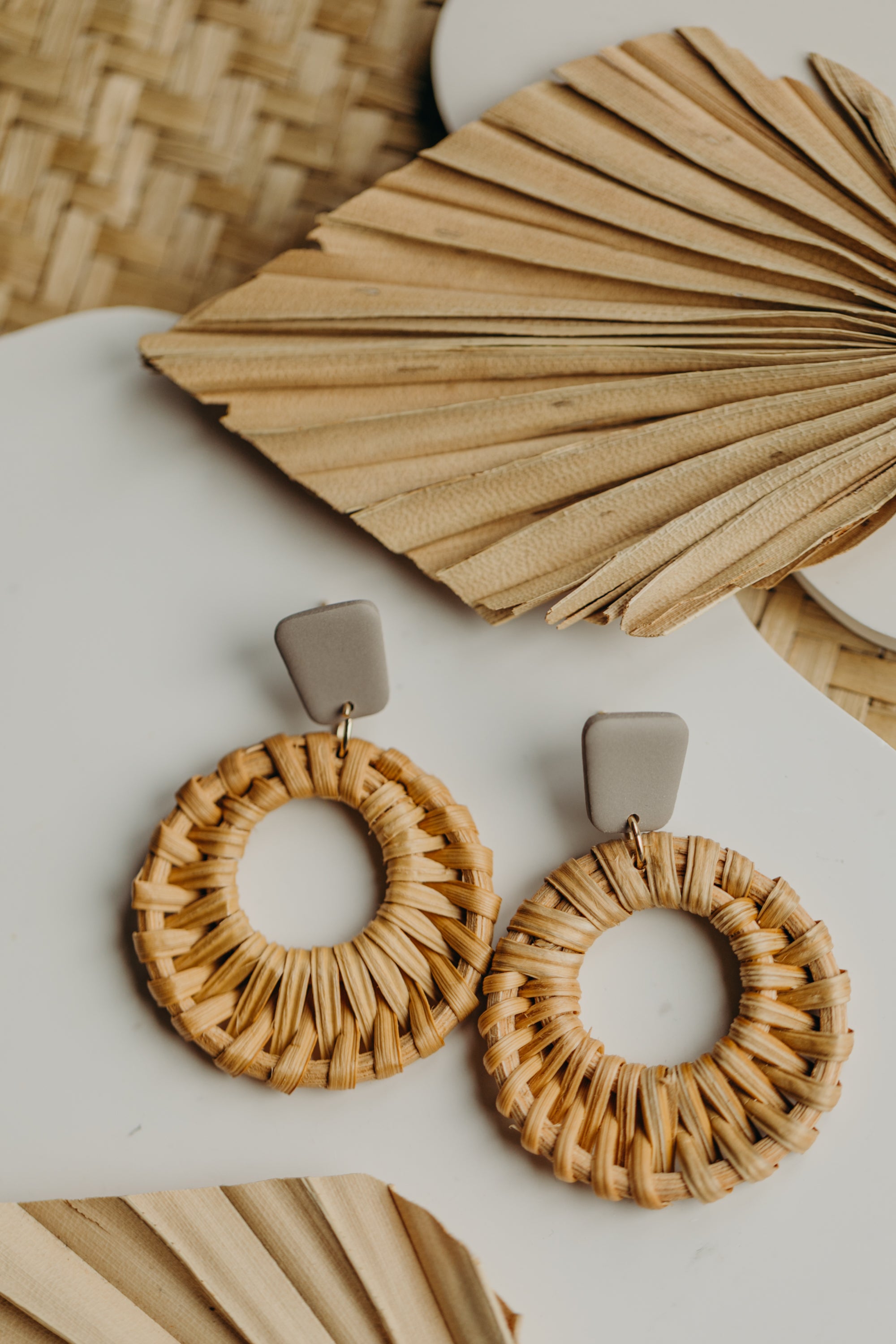 old pink polymer clay earrings with rattan pendant circle