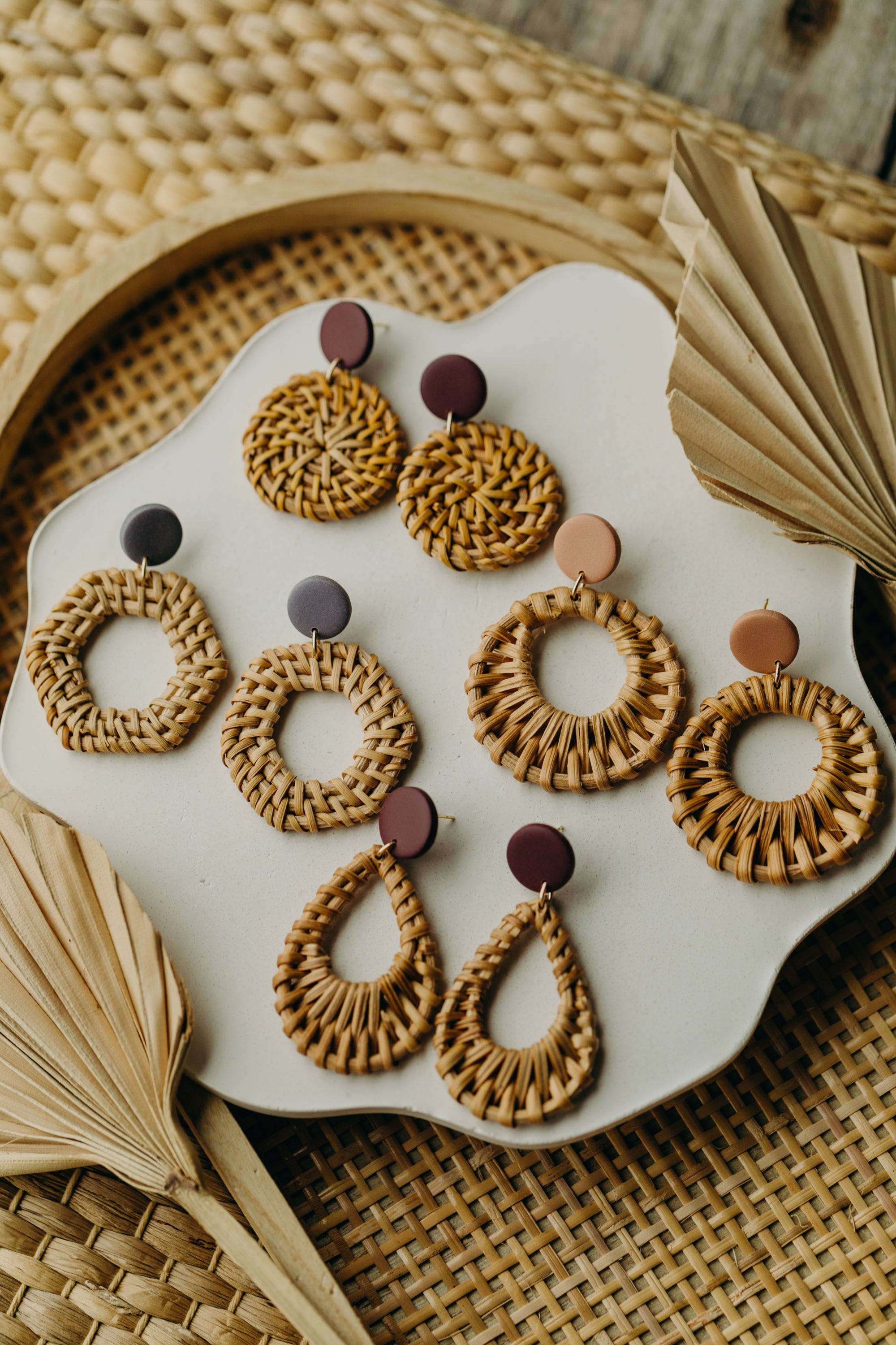 old pink polymer clay earrings with rattan pendant circle