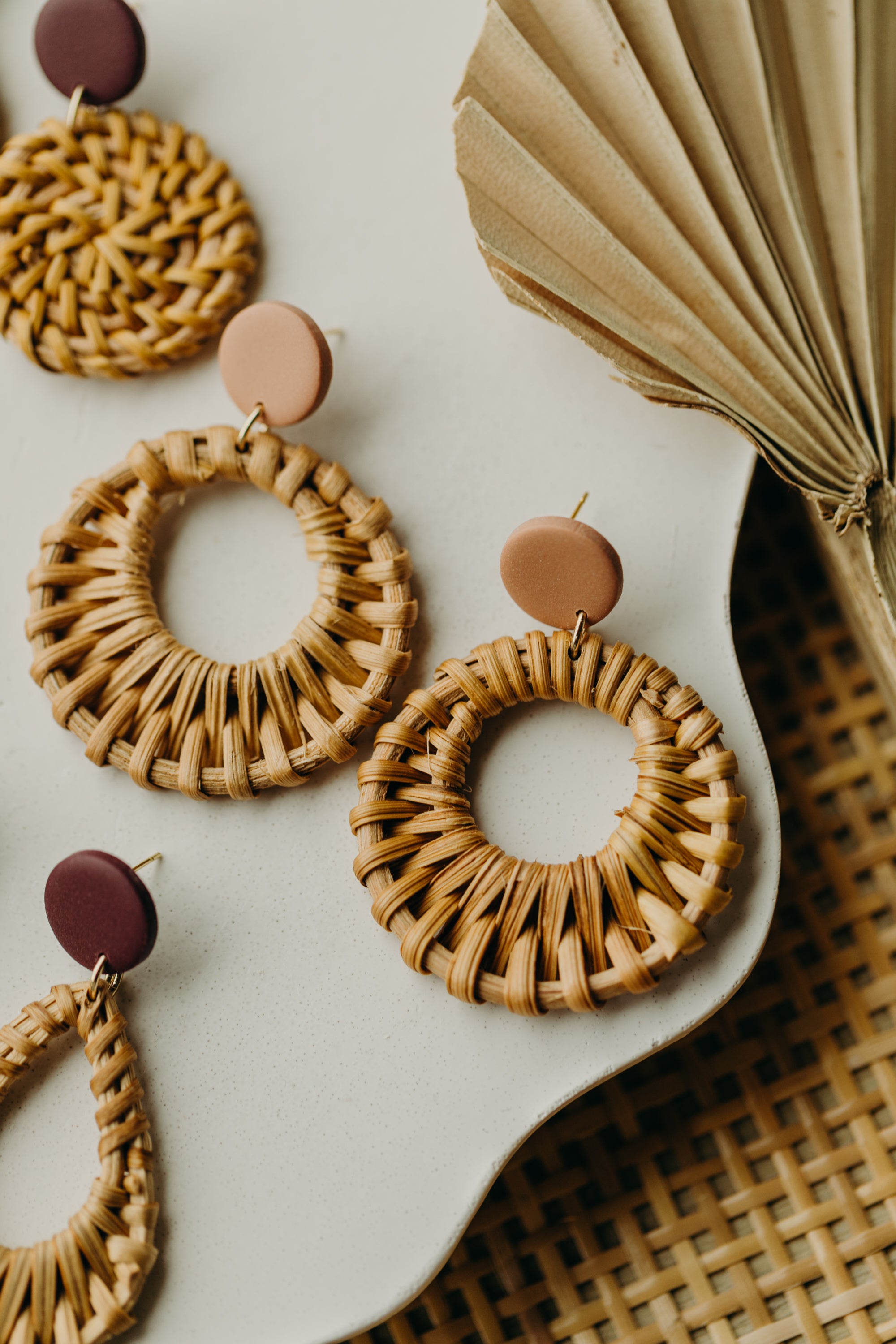 old pink polymer clay earrings with rattan pendant circle