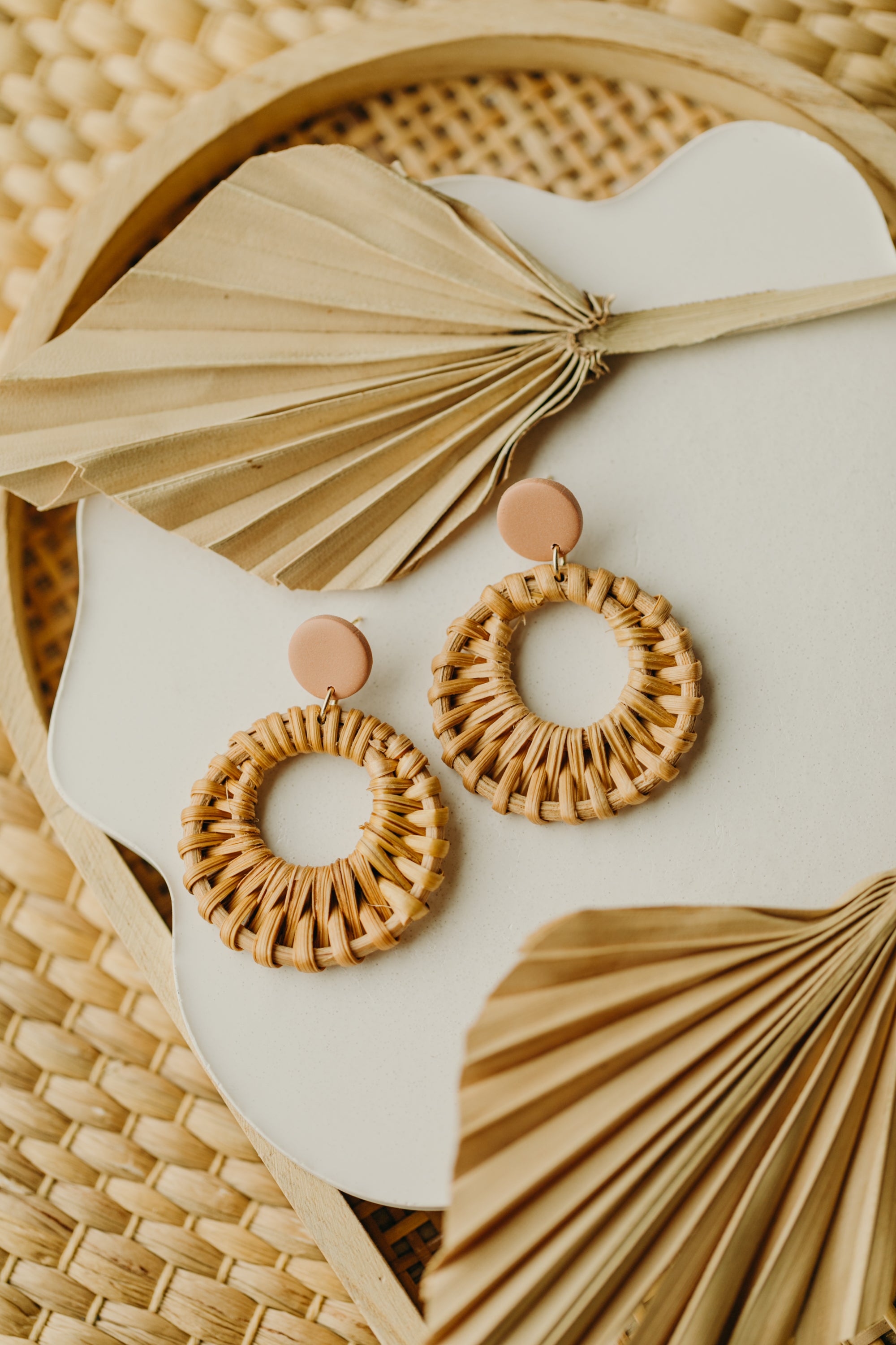 old pink polymer clay earrings with rattan pendant circle