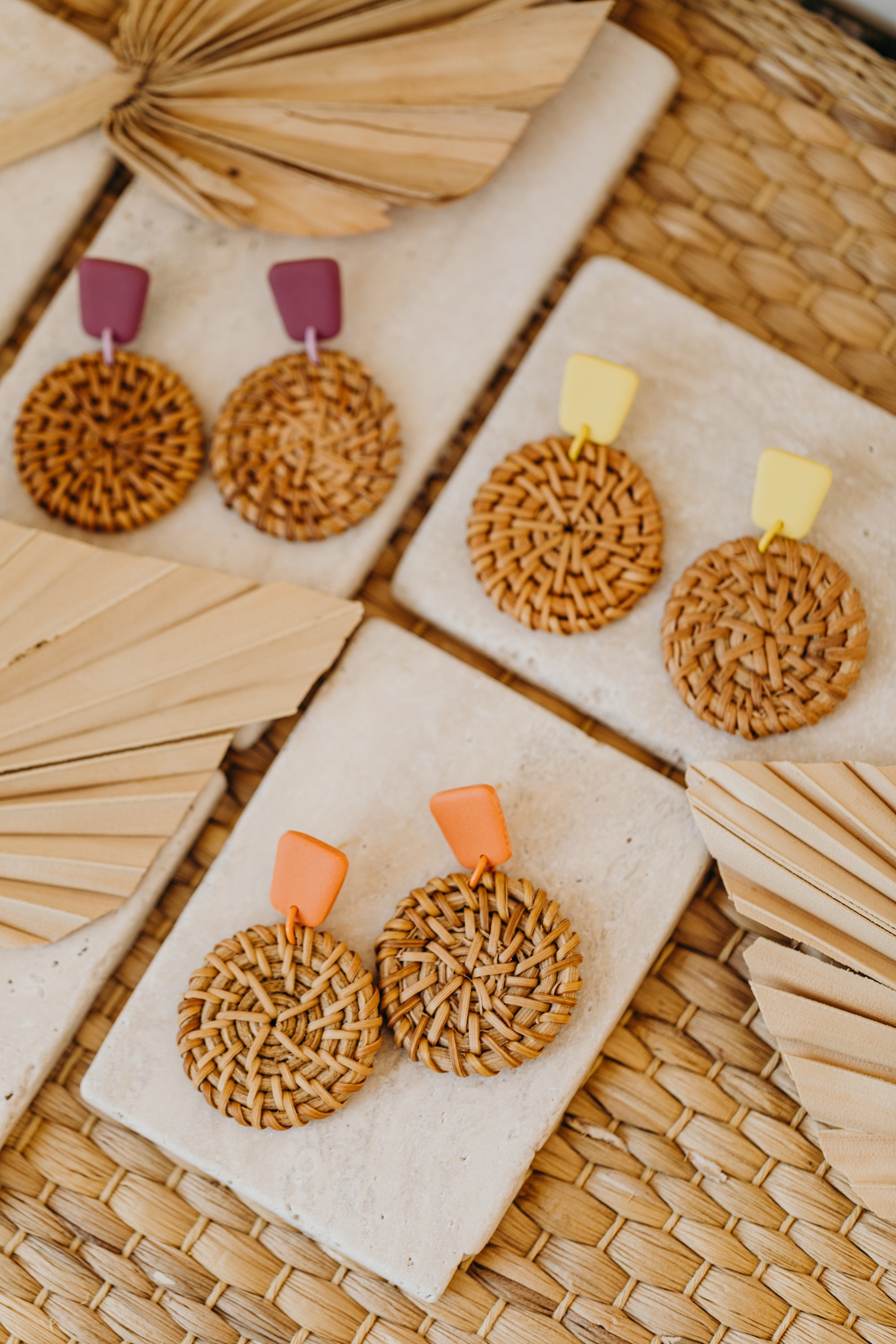 square yellow polymer clay earrings with round rattan pendant