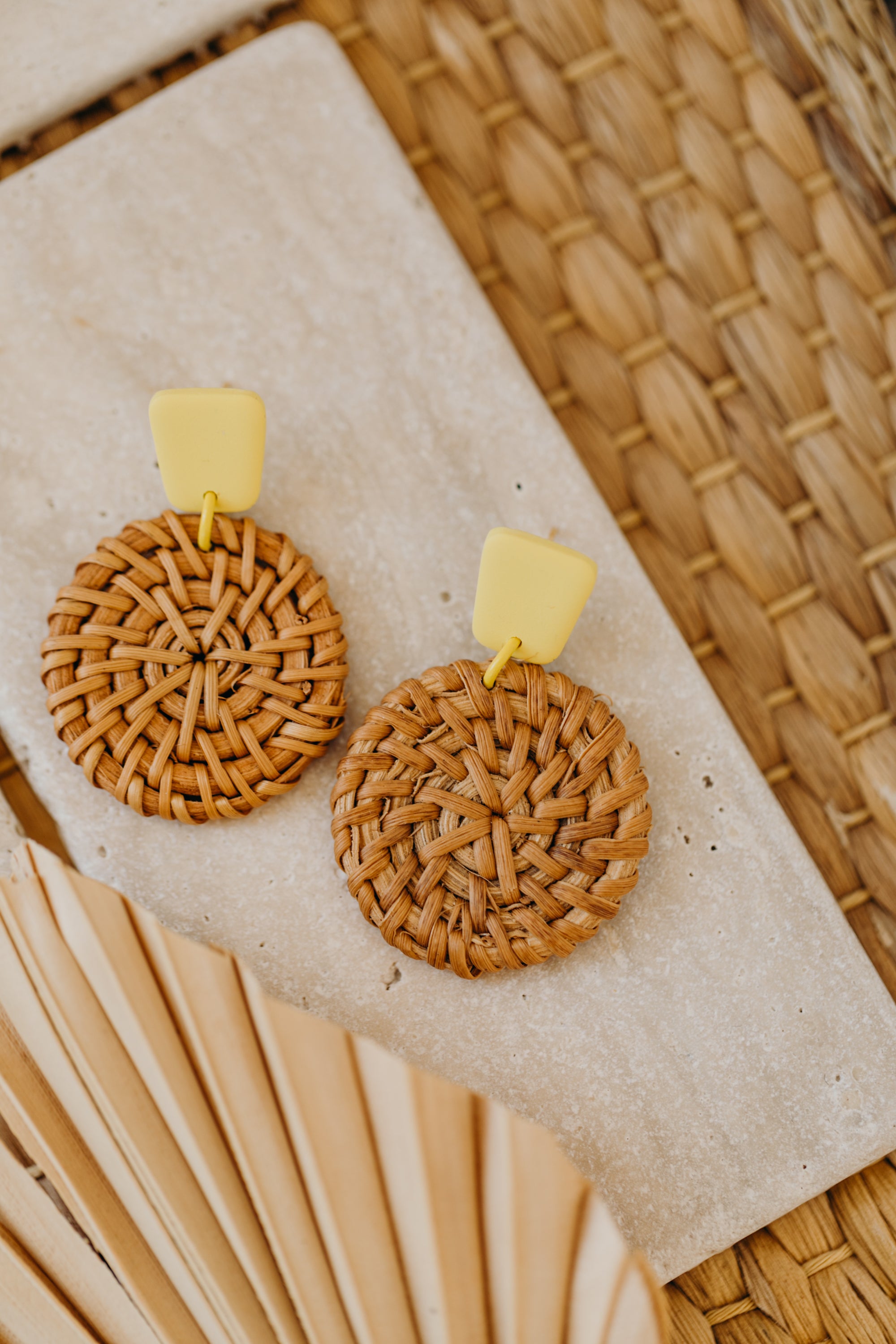 square yellow polymer clay earrings with round rattan pendant