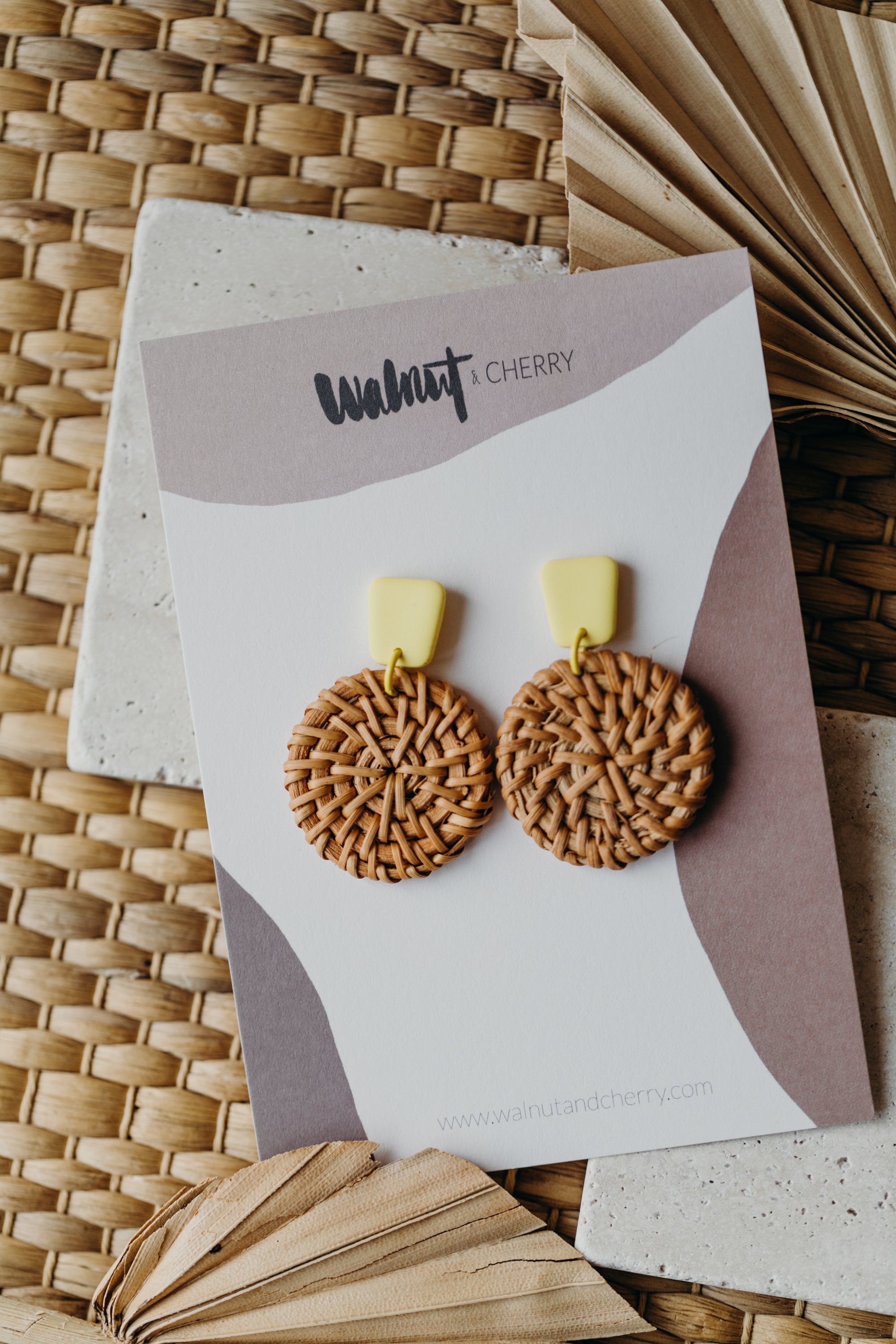 square yellow polymer clay earrings with round rattan pendant