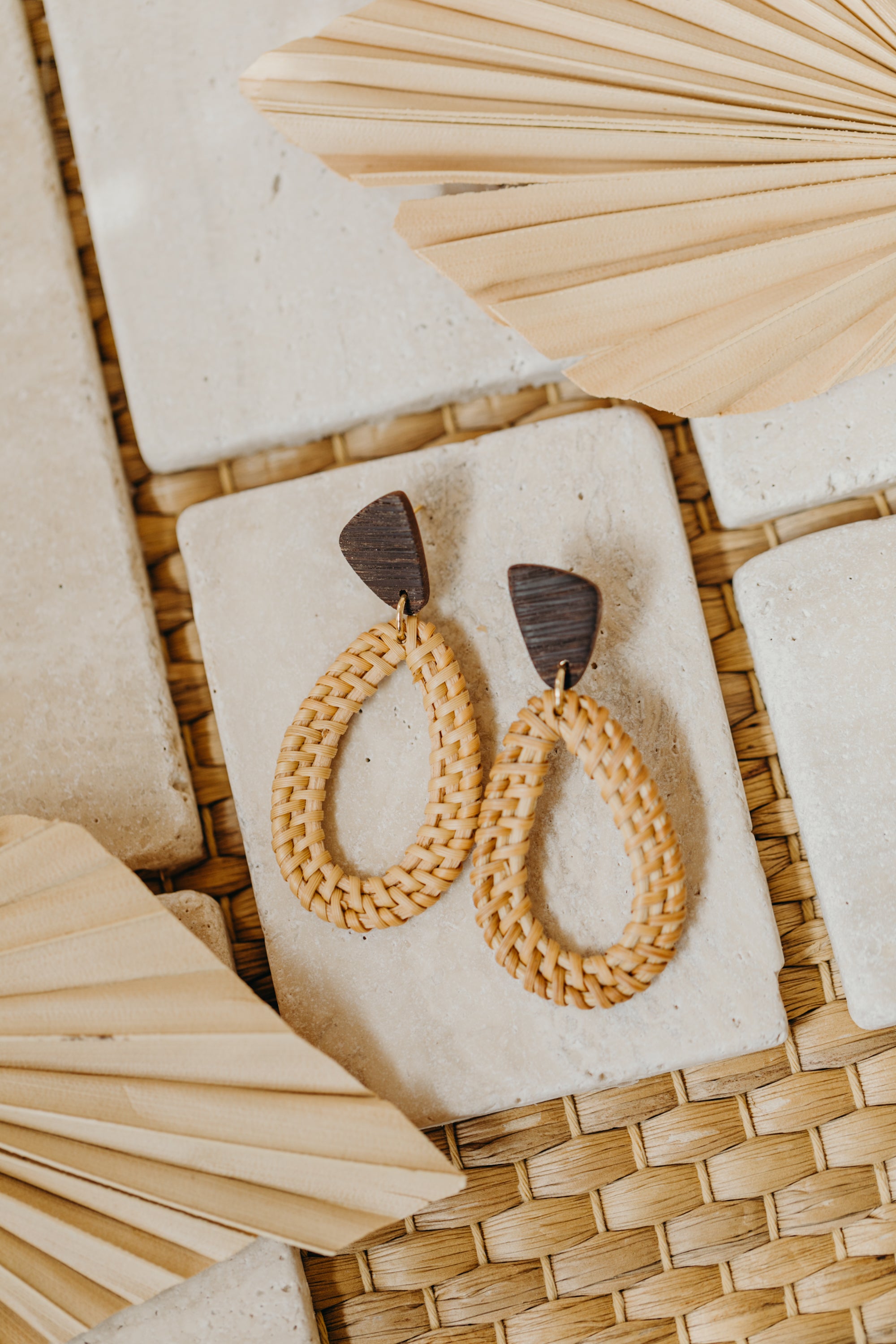brown polymer clay earrings with rattan pendant drops