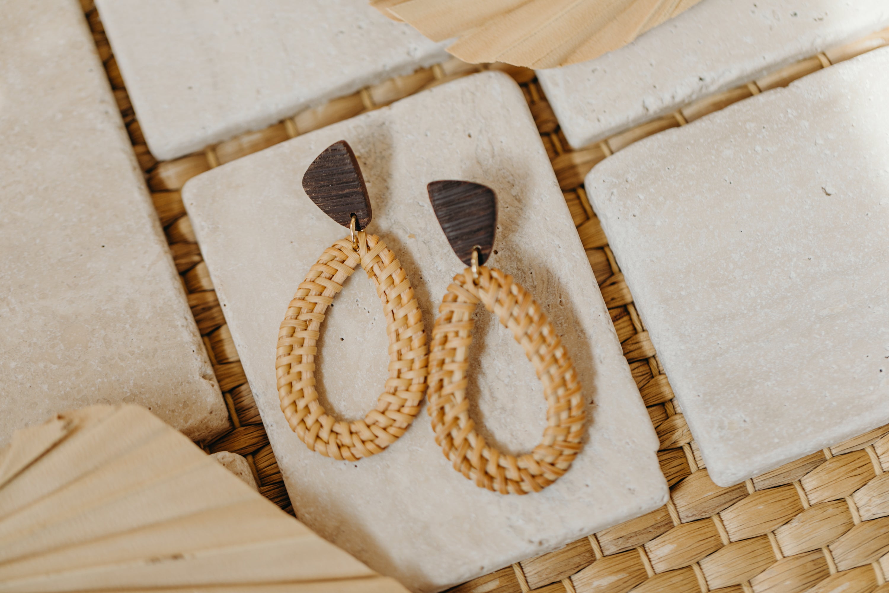 brown polymer clay earrings with rattan pendant drops