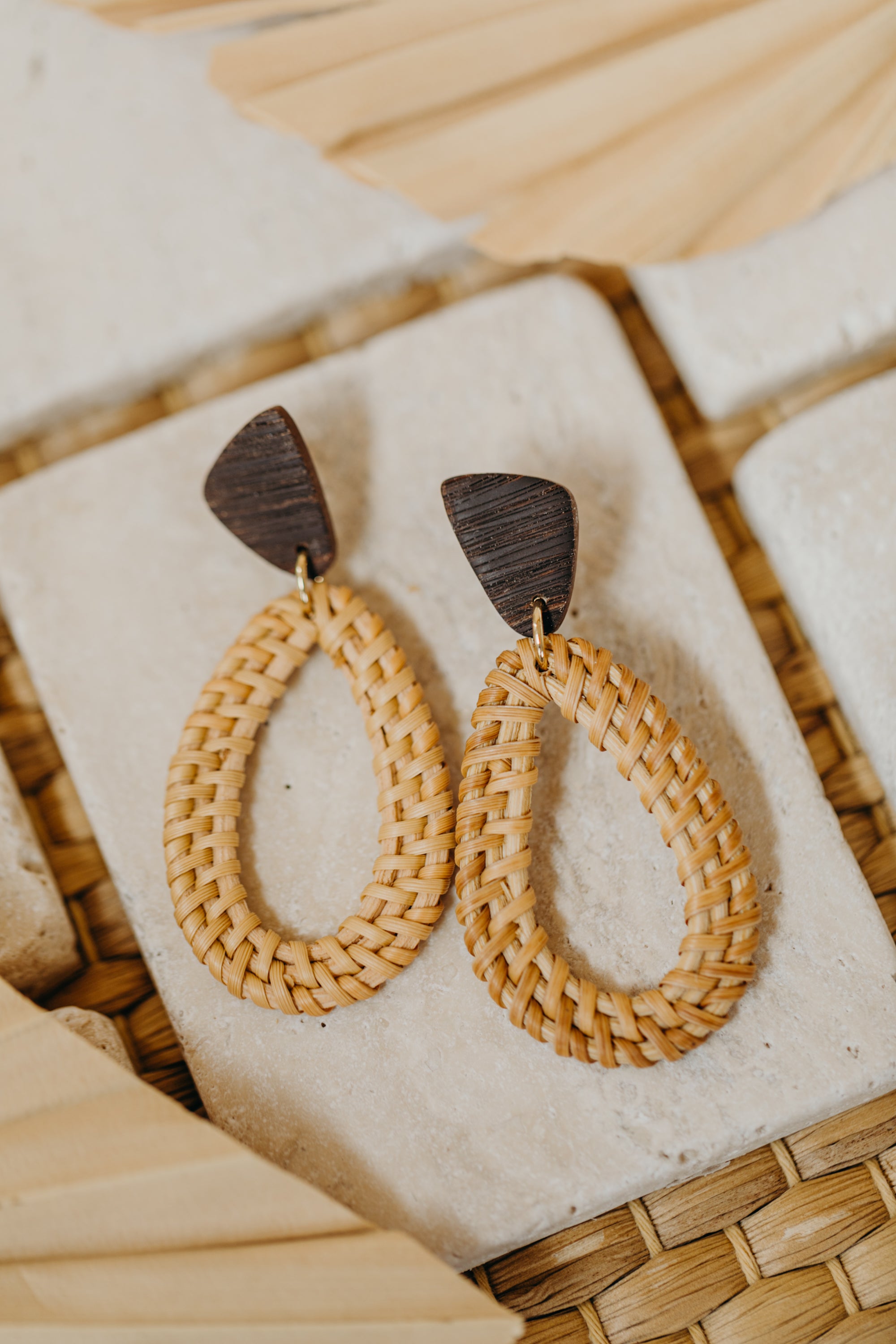 brown polymer clay earrings with rattan pendant drops
