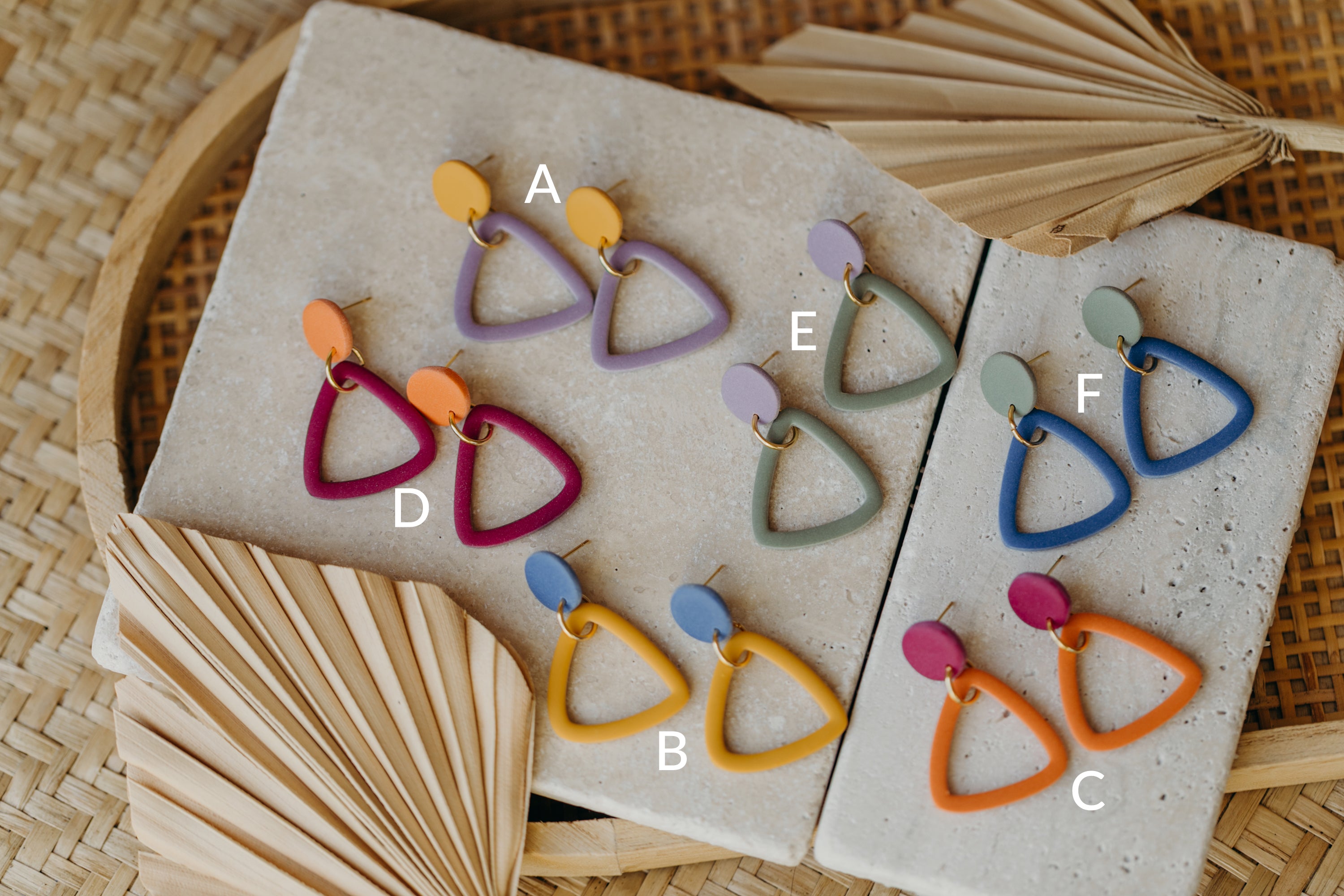 Francesca - Polymer clay earrings in orange, light purple and red