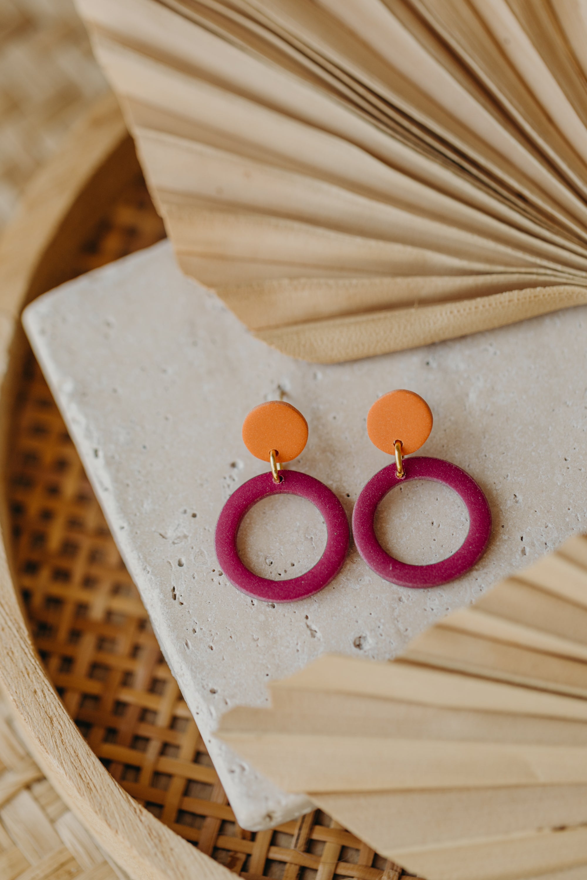 Francesca - Polymer clay earrings in orange, light purple and red