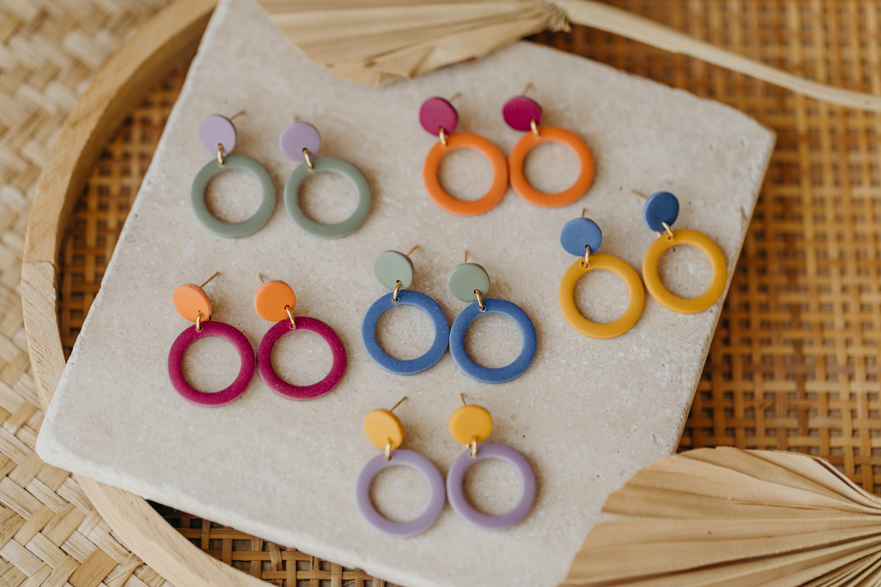 Francesca - Polymer clay earrings in orange, light purple and red