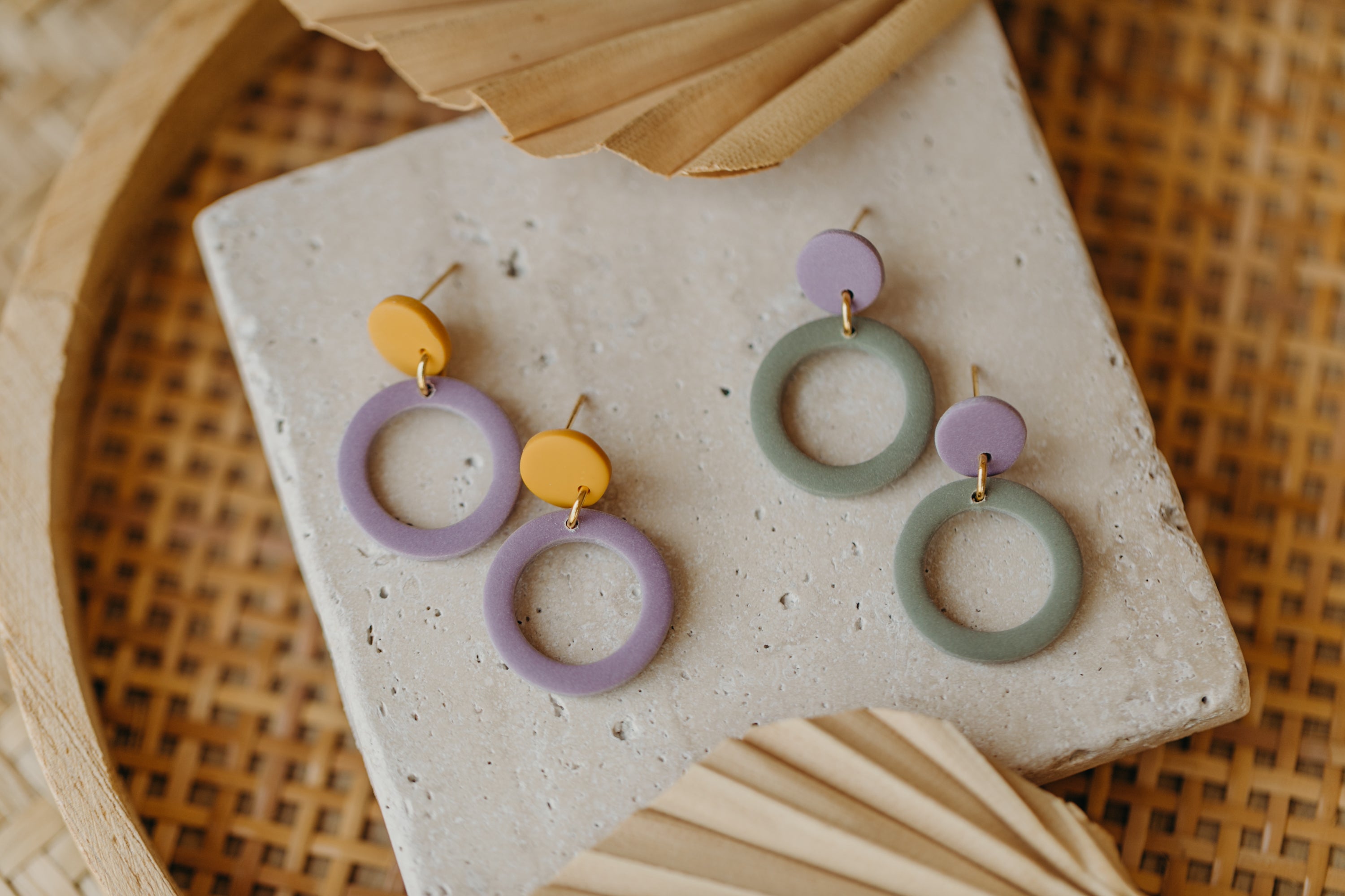 Francesca - Polymer clay earrings in orange, light purple and red