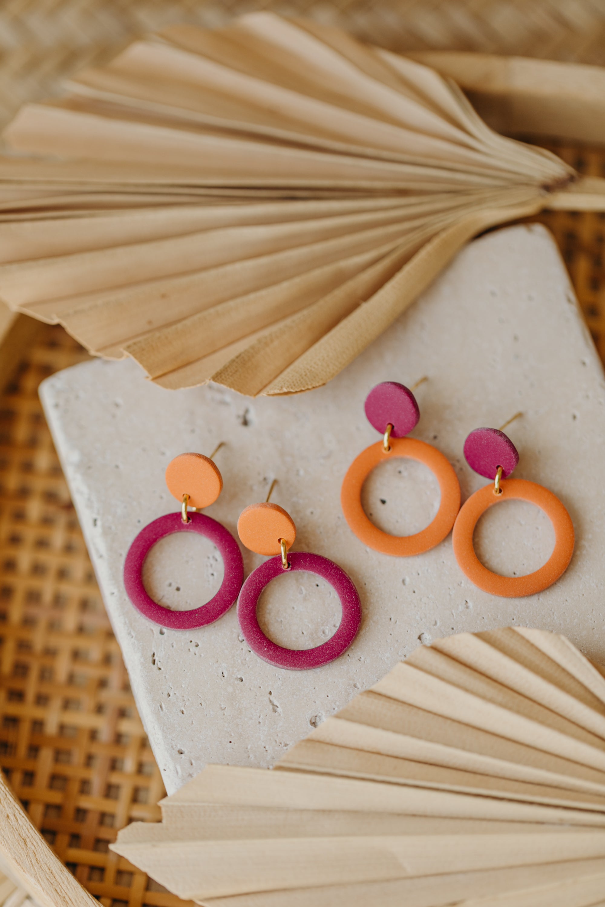Francesca - Polymer clay earrings in orange, light purple and red