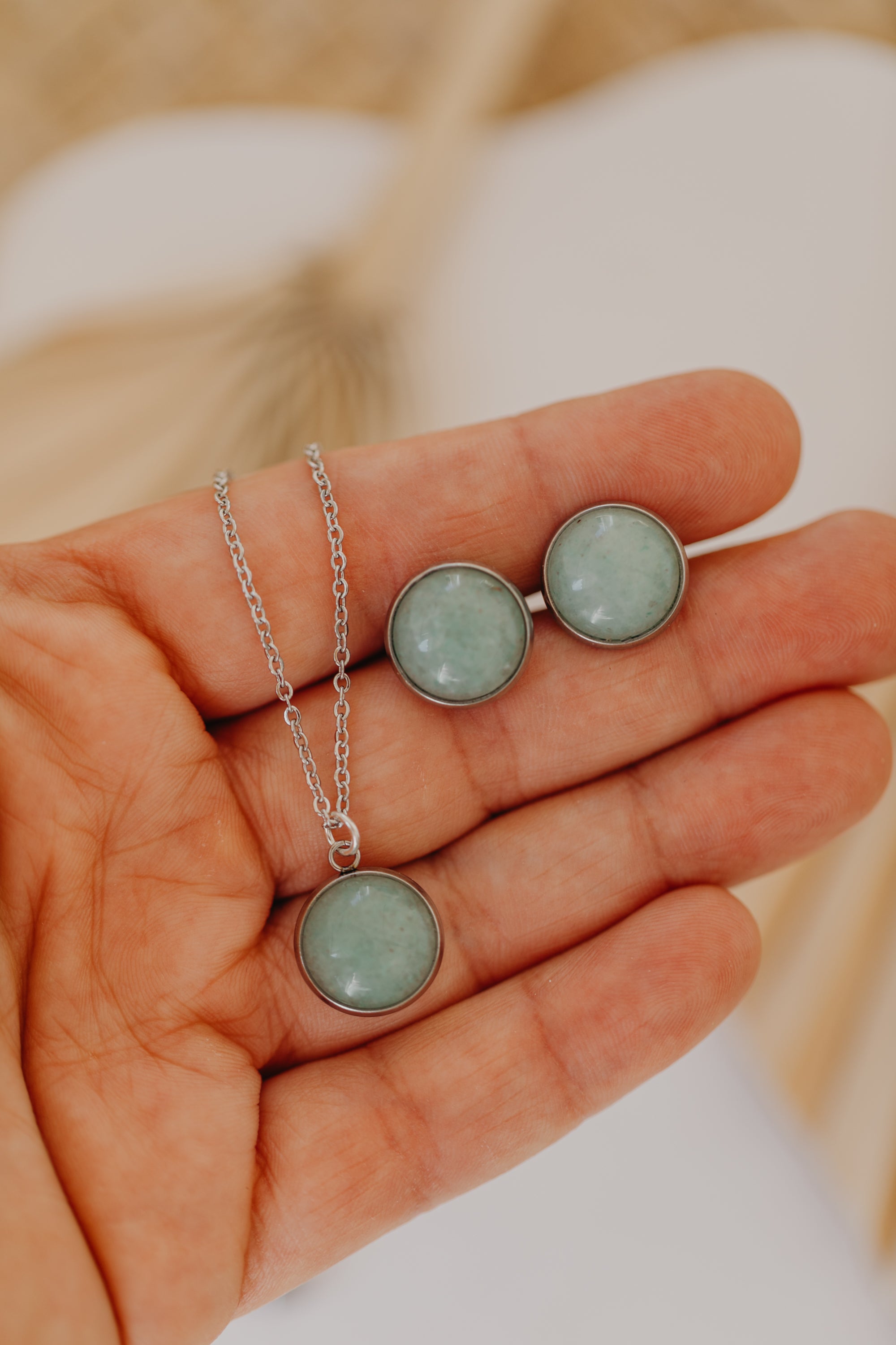 Schmuckset grüner Aventurin silber: 12 mm Ohrstecker & 12 mm Halskette