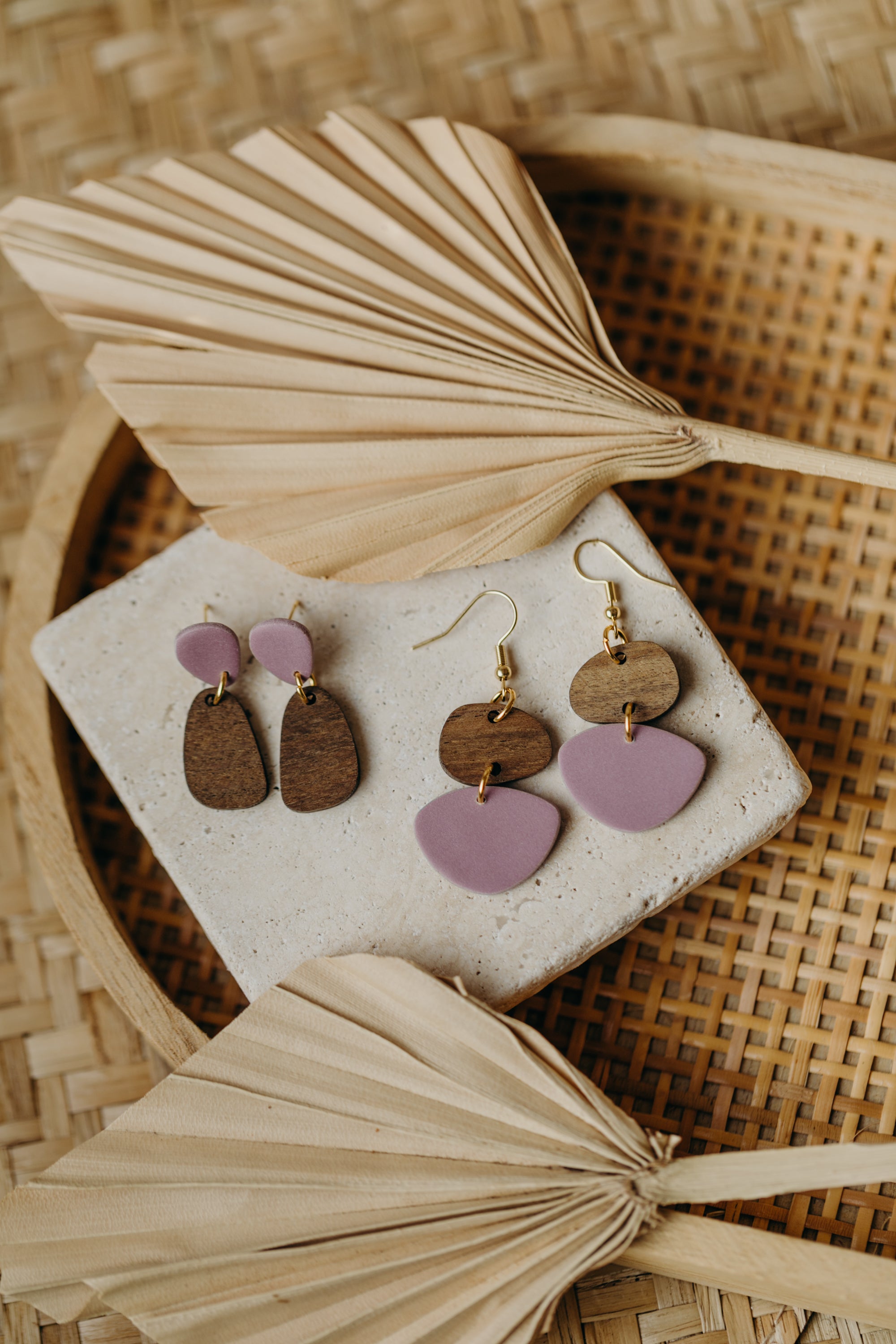 triangular polymer clay earrings in eucalyptus green with rectangular wooden pendant