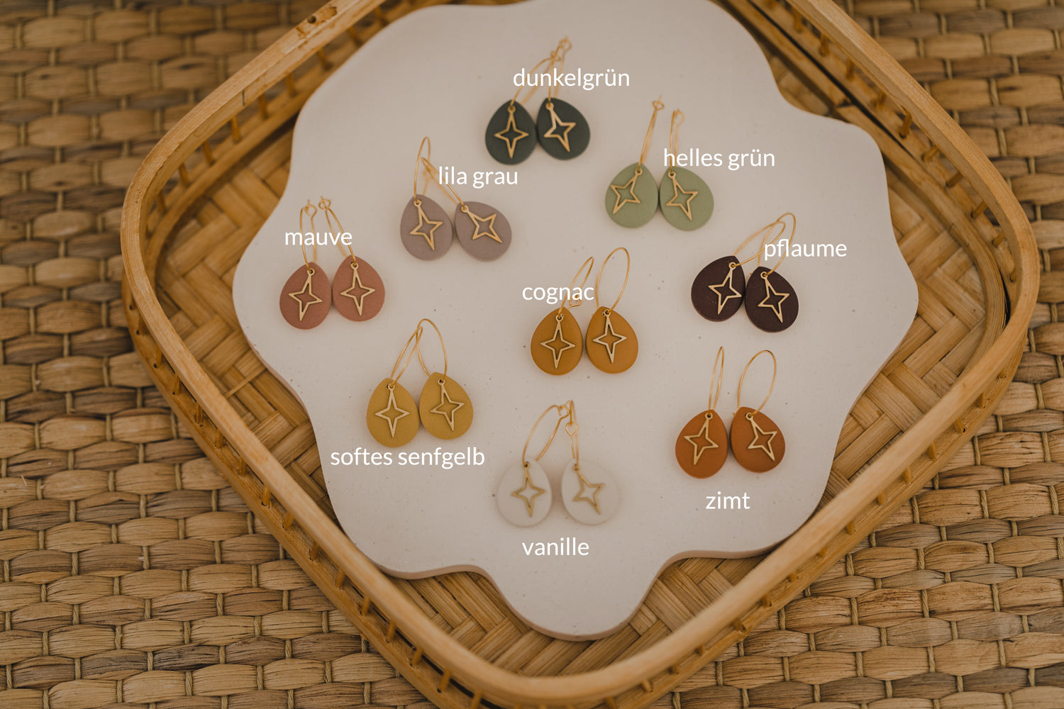 BEA - Creolen mit Tropfen Polymer Ton und Stern Anhänger aus Messing