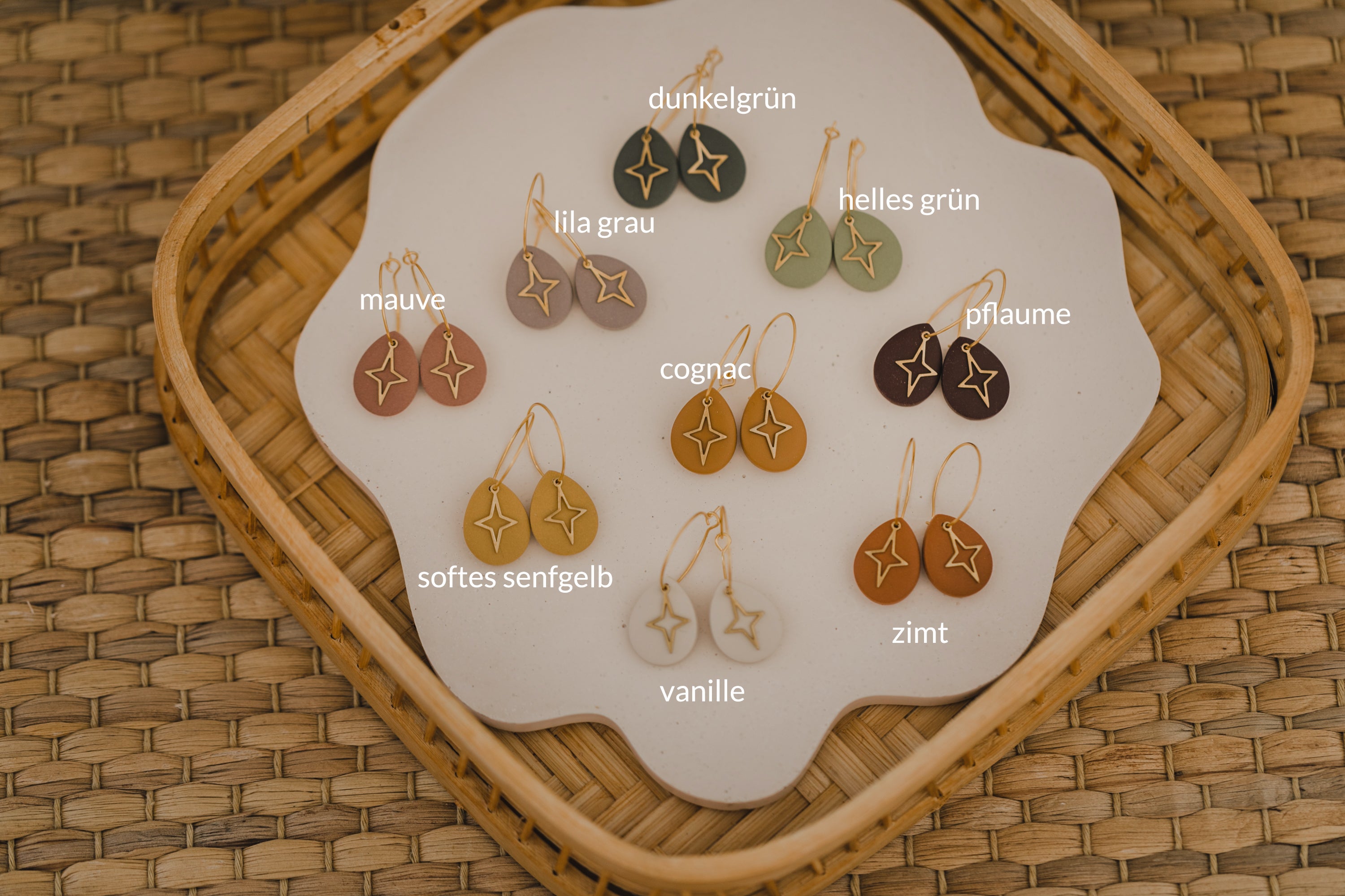 BEA - Creolen mit Tropfen Polymer Ton und Stern Anhänger aus Messing