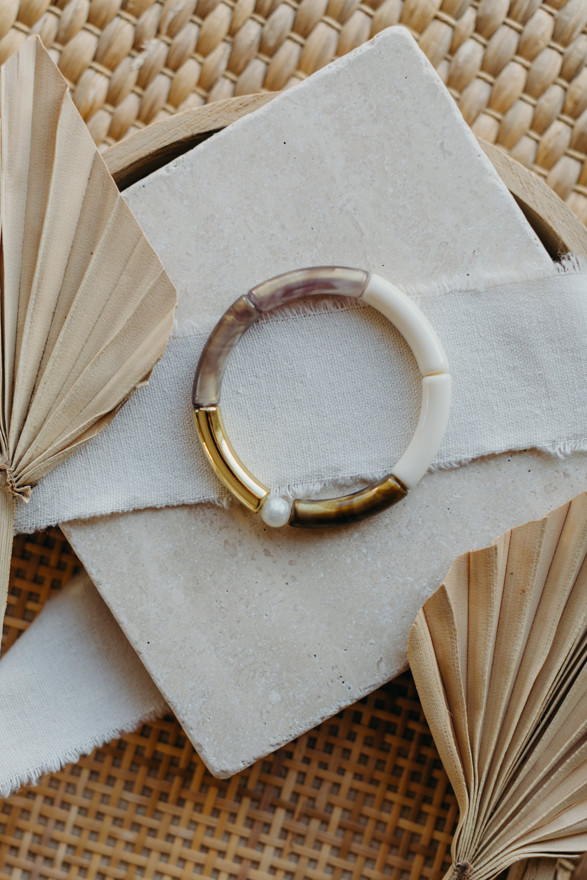 Perlenarmband 065 mit Tube Perlen in Gold, Braun und Creme