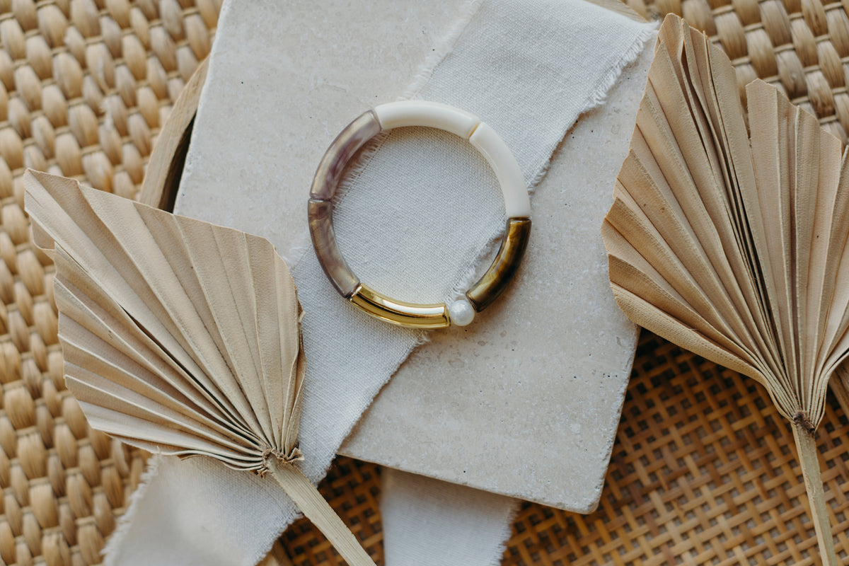 Perlenarmband 065 mit Tube Perlen in Gold, Braun und Creme