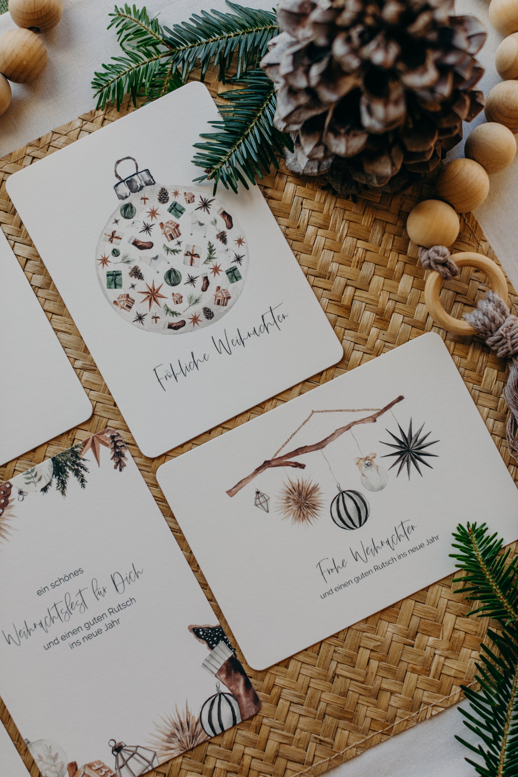 Christmas postcard branch with black and white Christmas motifs