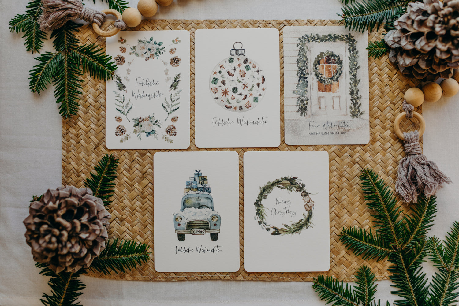 Christmas postcard front door with green garland