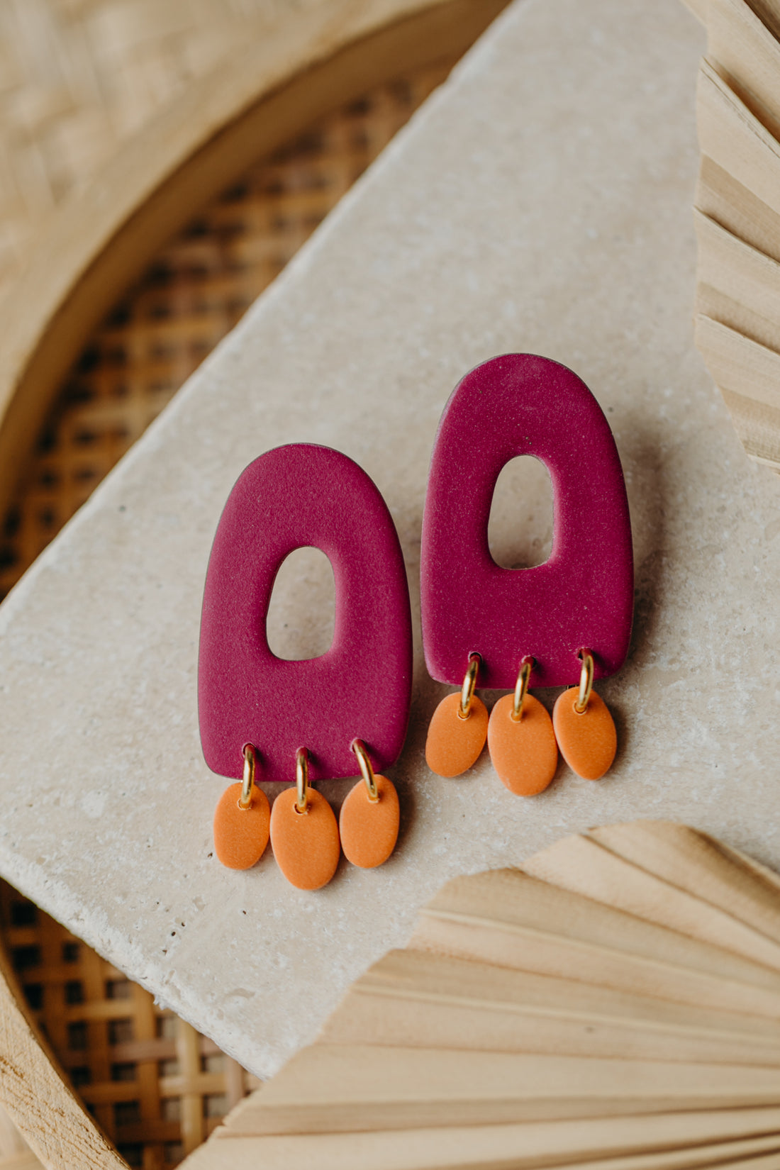 Francesca - Polymer clay earrings in orange, light purple and red