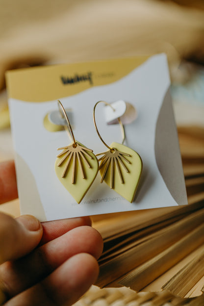 ARIA - Polymer Clay Pastel Yellow Hoop Earrings with Brass Fan Charms