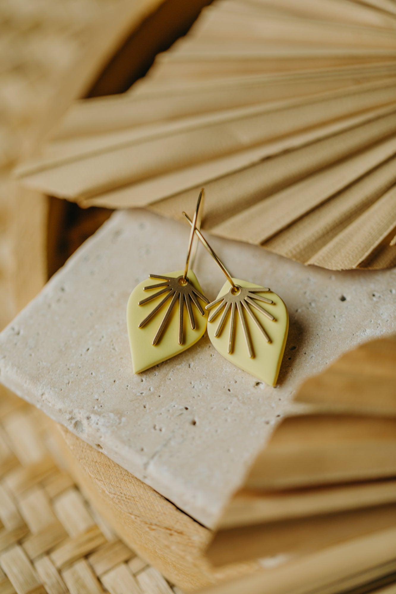 ARIA - Polymer Clay Pastel Yellow Hoop Earrings with Brass Fan Charms
